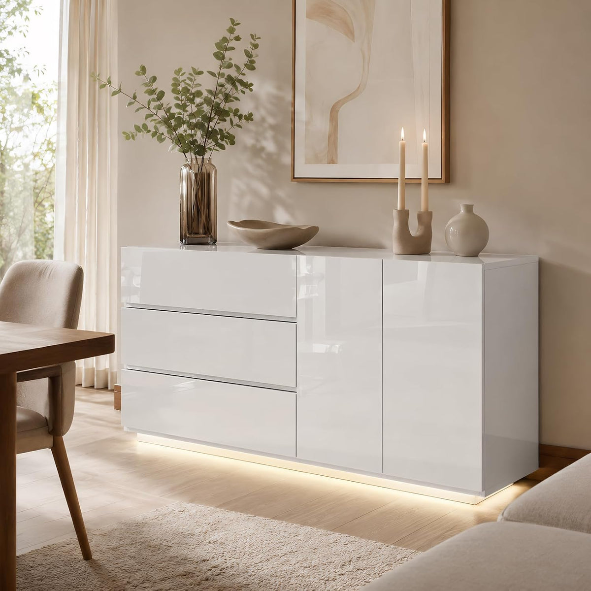 Schrank, 160 X 35 X 76 cm, mit LED-Beleuchtung, mit Schubladen, Weiß, für die Küche, für das Büro, HFASD