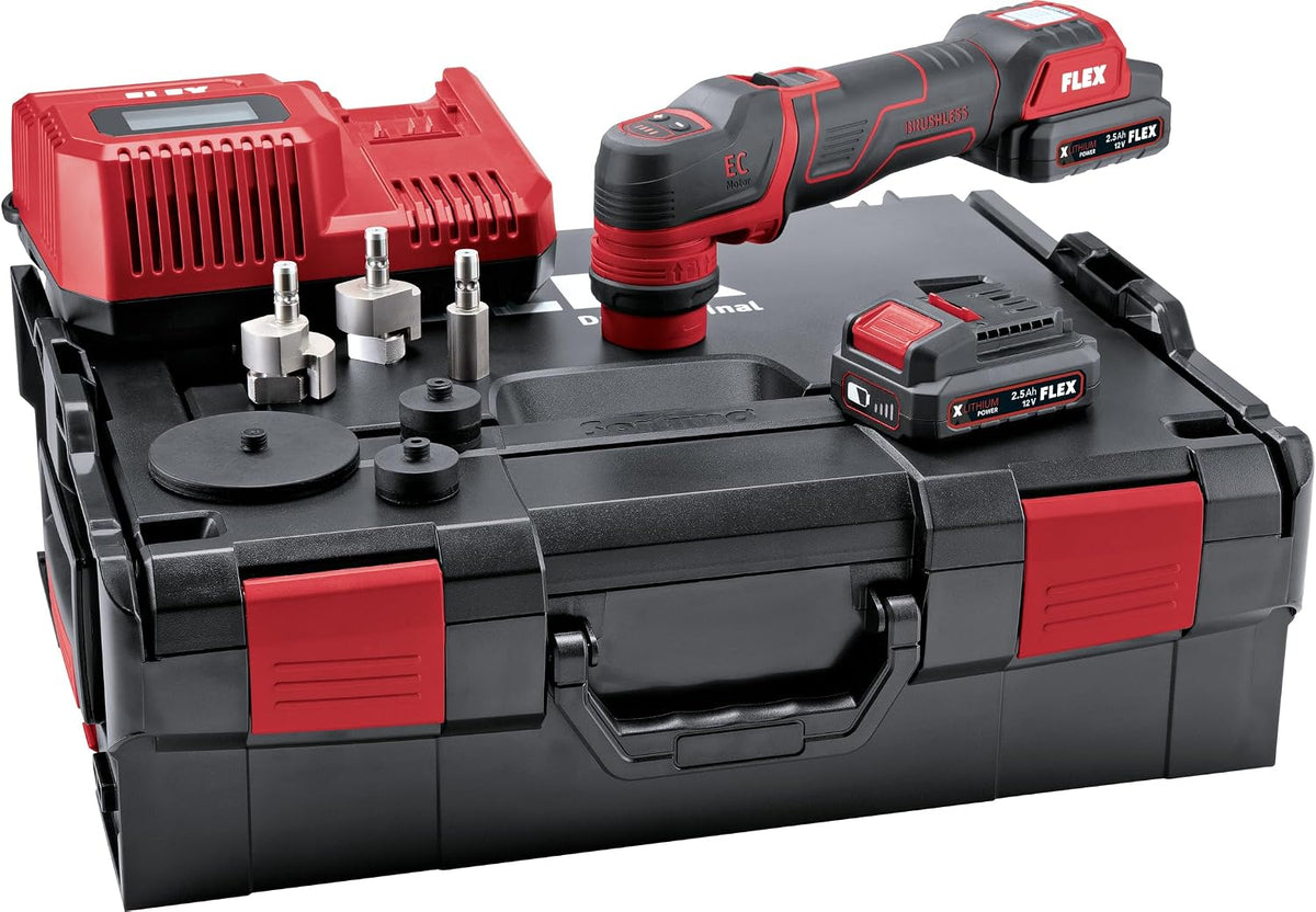 Poliermaschinen, 12 mm, 12 V, kabellos, Rot, FLEX, Poliermaschine Inkl. 2x 2, 5 Ah 12 V Akkus, Schnellladegerät Und Umfangreichem Zubehör)532268