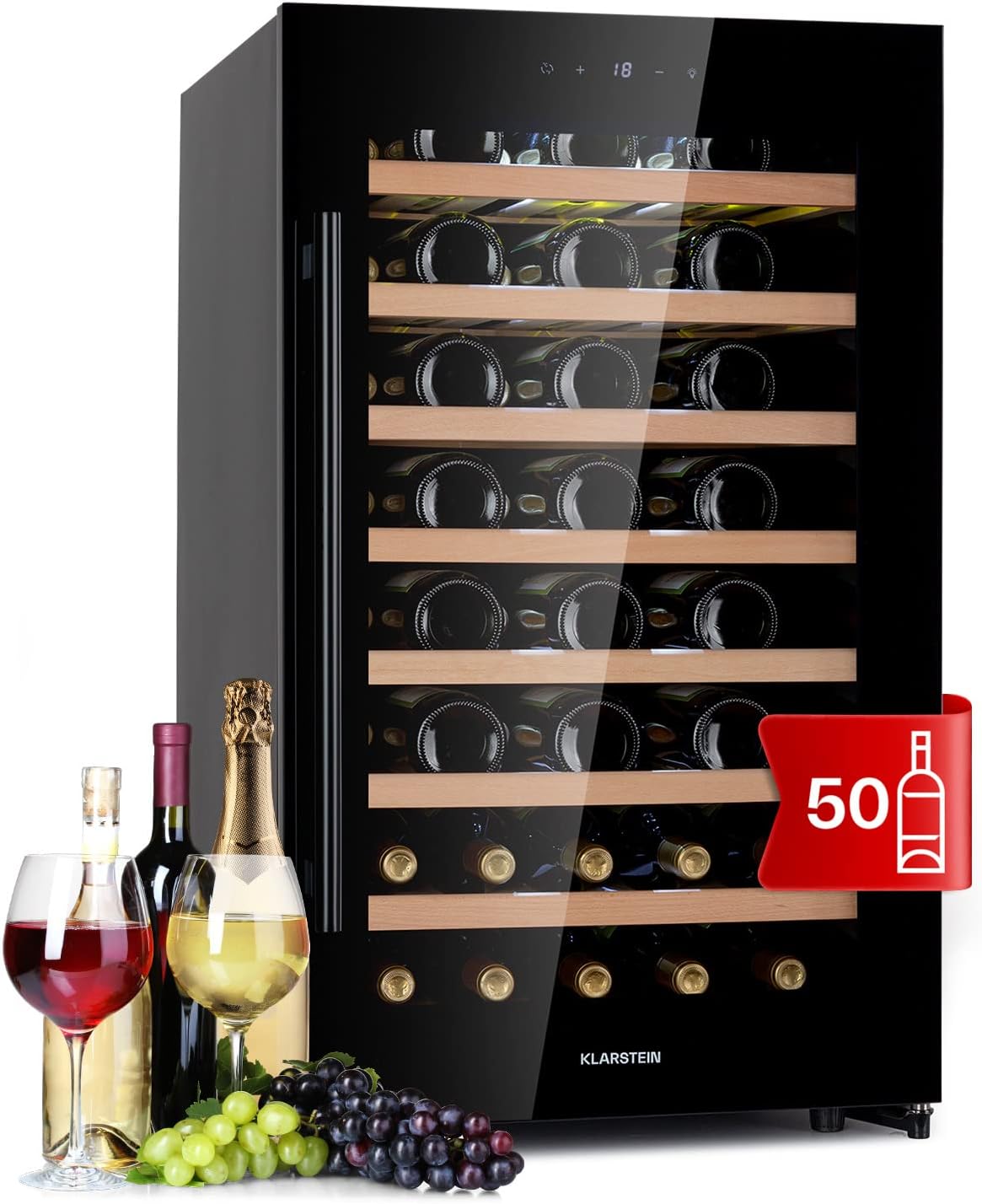 Klarstein Kühlschrank, 18°C, Glas, 1 Zone Weinkühlschrank mit Glastür, 5-18°C, 52 Flaschen