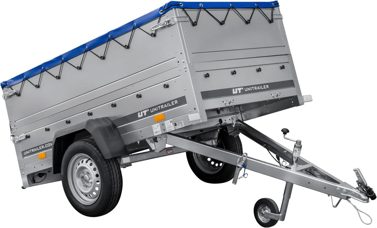 Handwagen H-0, Blau, für den Garten, UNITRAILER, Gartenanhänger 200 Kipp mit Stützrad, H-0-Rahmen und Blauer Plane