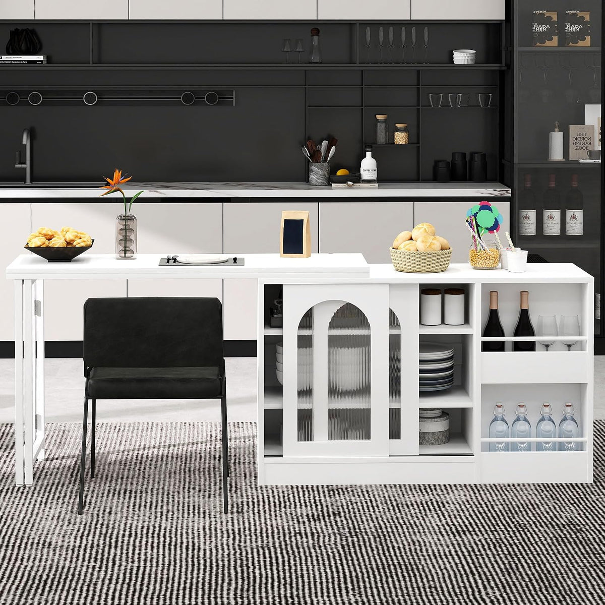 Regal, 121,5 × 40 × 76,7 cm, Glas, Weiß, für die Küche, Bladez, Bladez Ausziehbarer Bartisch 360° Drehbares Sideboard Essbar, für Küche