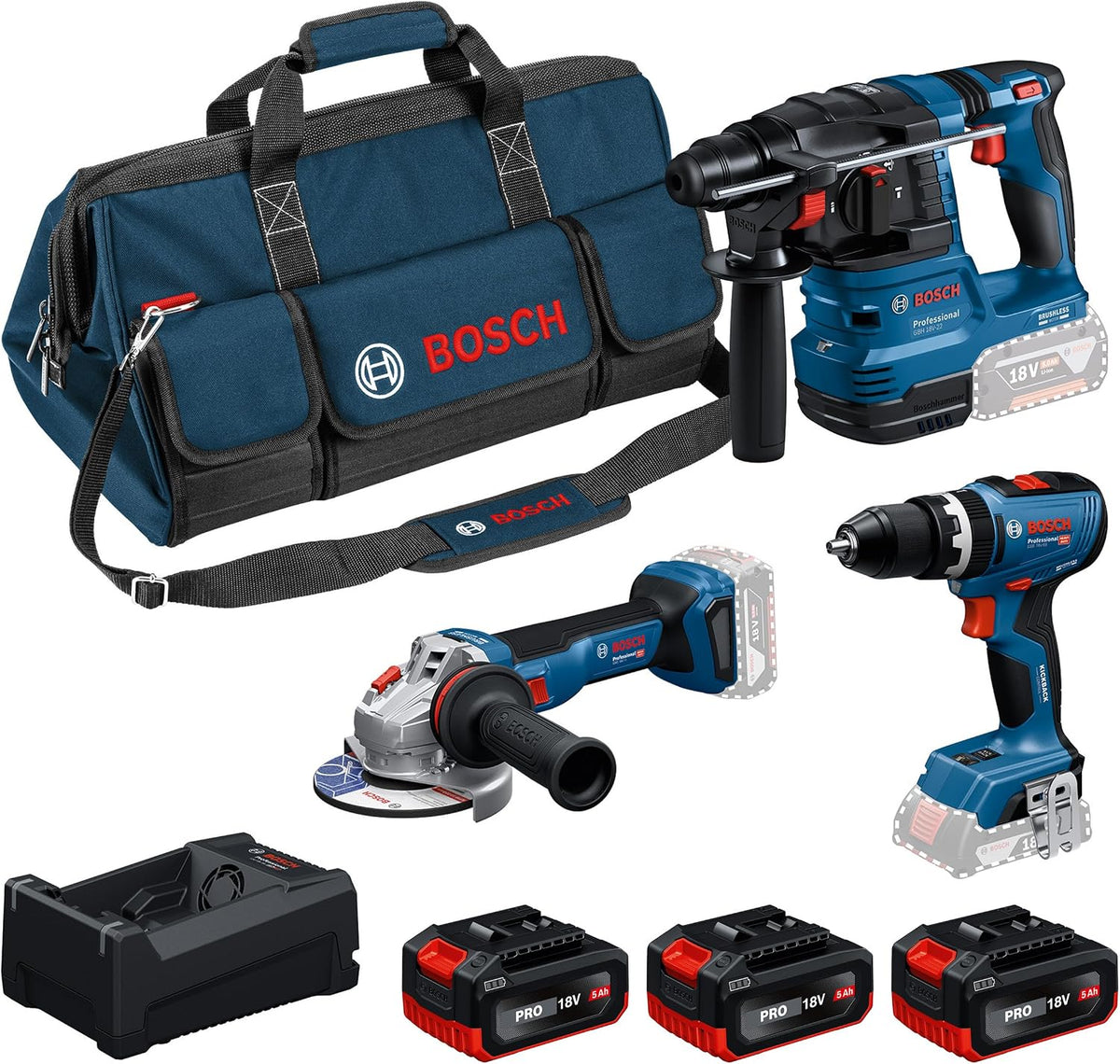 Bosch Akku-Bohrschrauber, 18V, 12V, Bosch PRO 18V System Combo-Kit: GSB 18V-65, GBH 18V-22, GWS 18V-11, 3x GBA 5.0Ah