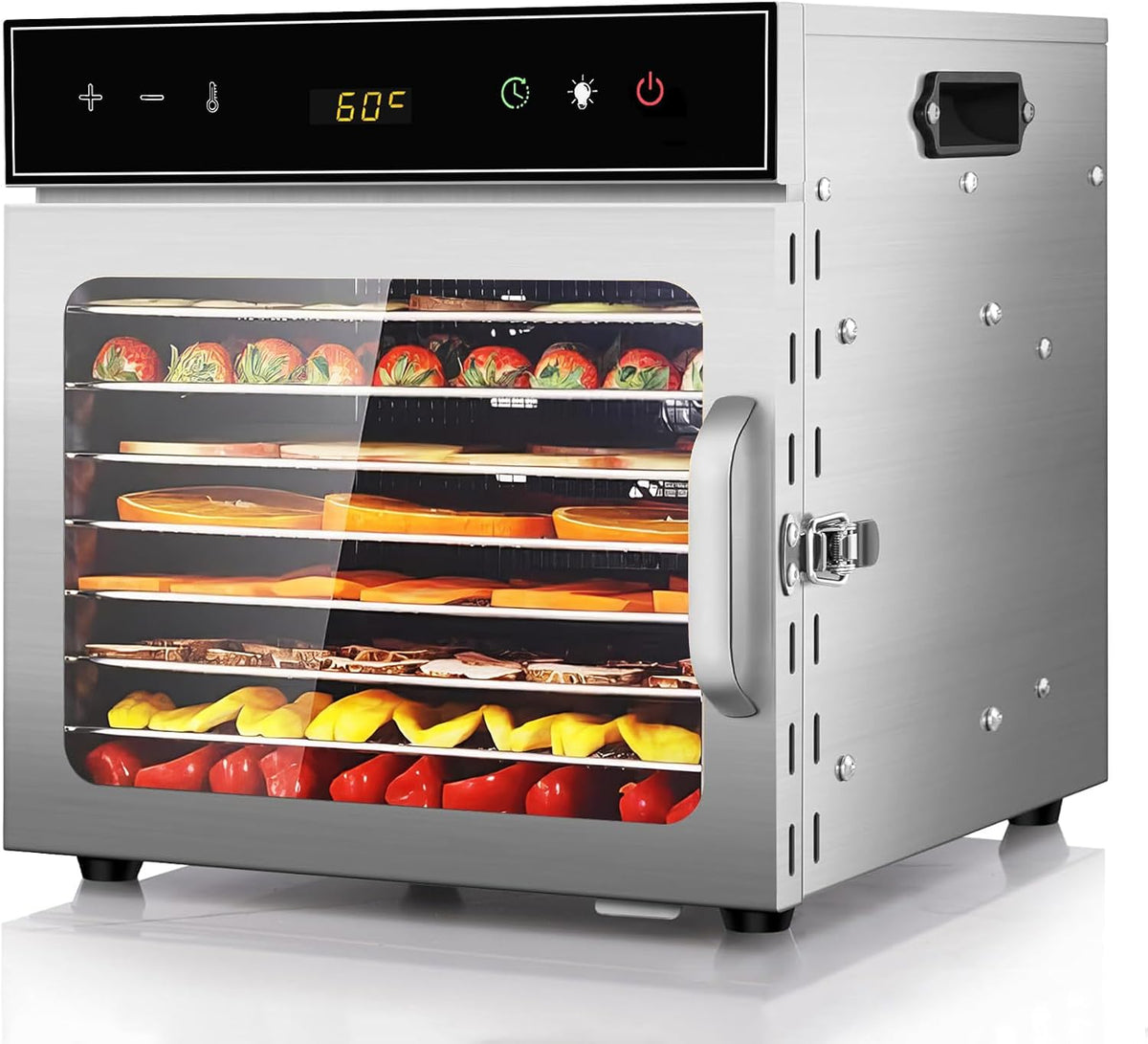 Dörrautomaten, 500W, Edelstahl, oiyocemo, Dörrautomat Edelstahl mit Rezeptheft 8 Etagen, Große Kapazität für Fleisch