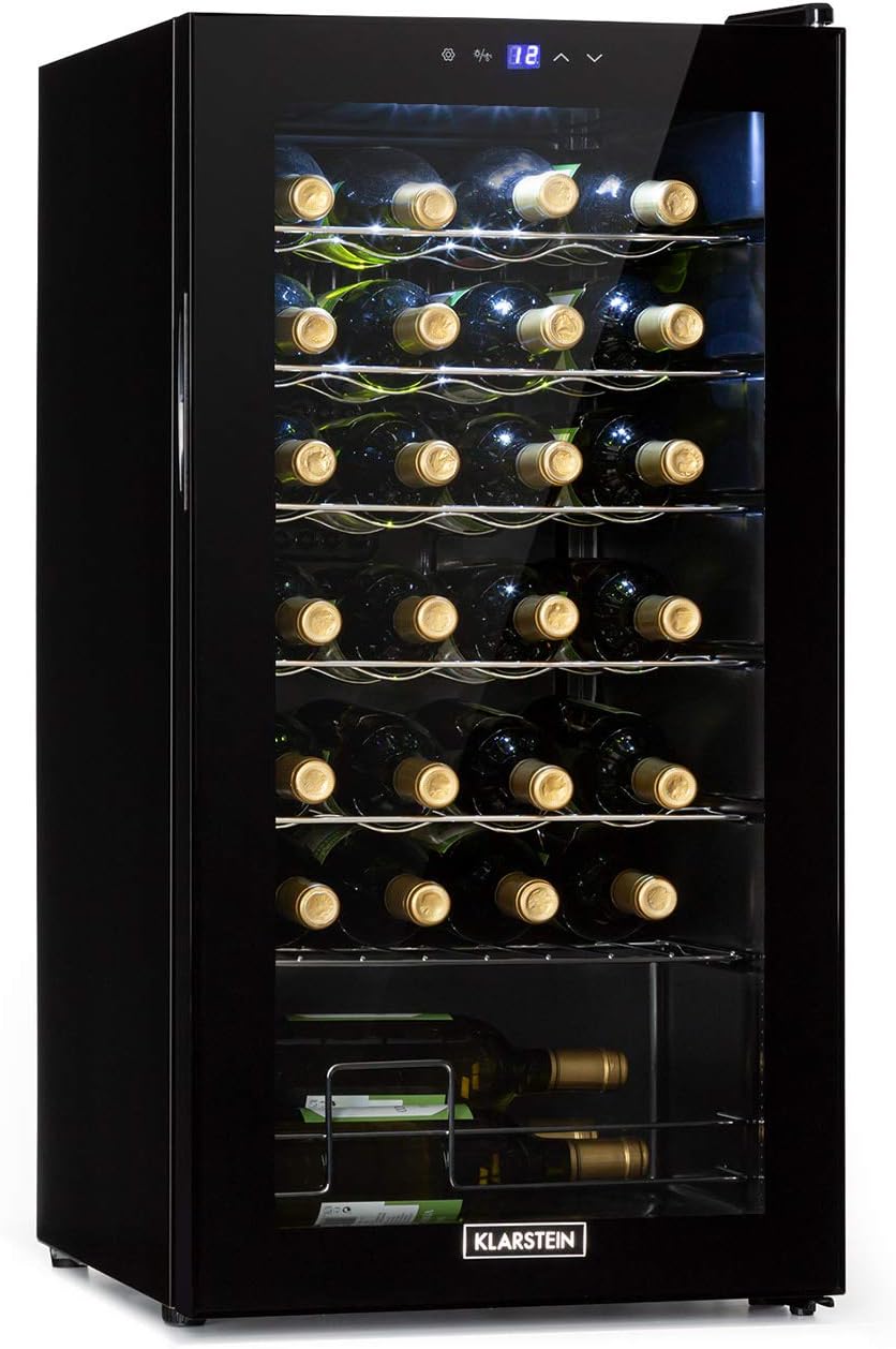 Klarstein Kühlschrank, 74 L, 18 °C, mit LED-Beleuchtung, Edelstahl, Glas, Schwarz, 28 Flaschen, 1 Zone Getränkekühlschrank mit Glastür