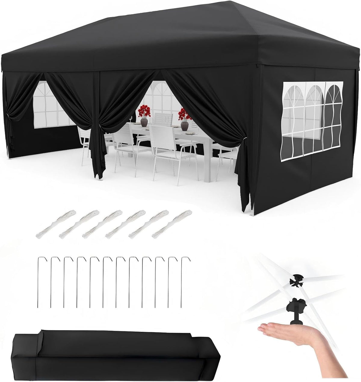 Gartenpavillon, 3 × 6 m, klappbar, verstellbar, Schwarz, für den Garten, GarveeLife, Faltpavillon 3x6 m wasserdicht stabil mit 6 Seitenwänden