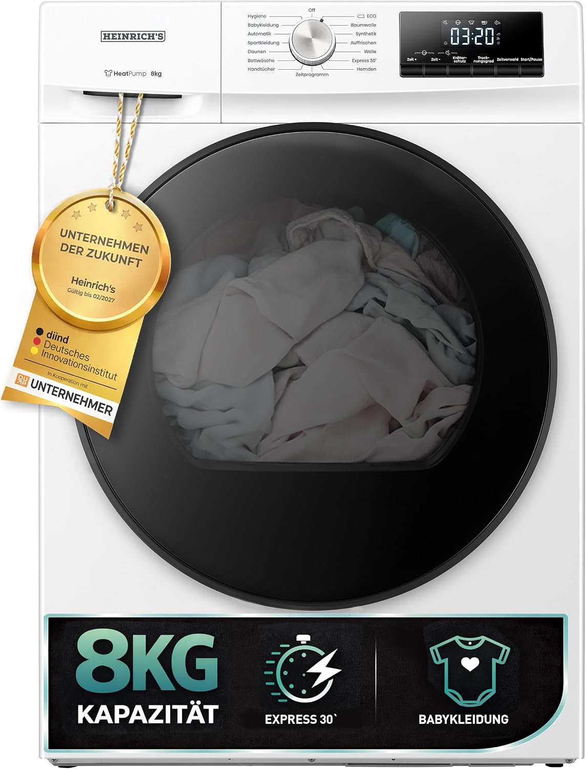 Wärmepumpentrockner, 58,0 cm, 8 kg, mit LED-Beleuchtung, Edelstahl, Weiß, Heinrich ́s, 15 Programme, LED-Display & Drehregler