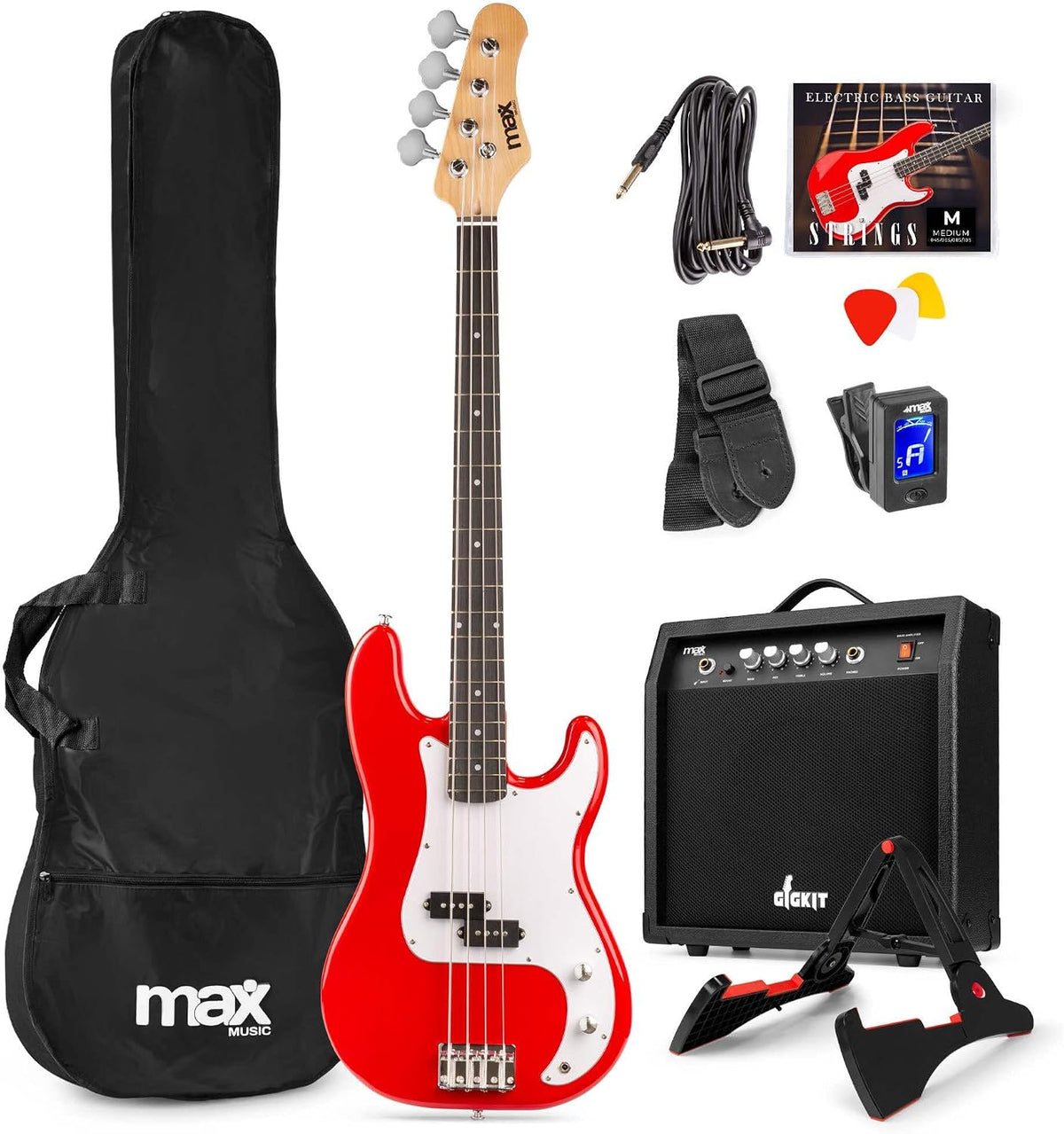 E-Gitarren, Rot, MAX, Bass Guitar mit Gitarrenverstärker, Kabel und Ersatzsaiten - 21 Bünde - Rot