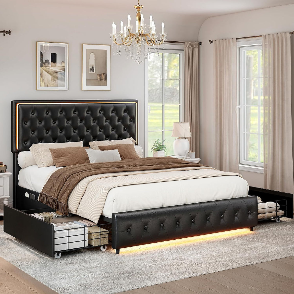 Bettrahmen, 140 × 200cm, Schwarz, SIBEDS, SIBEDS Polsterbett 140x200cm mit Stauraum Lattenrost