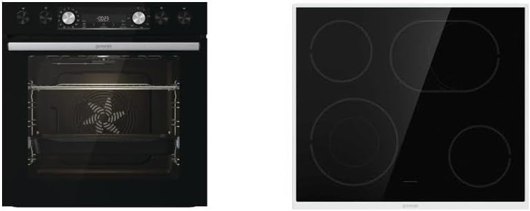 Grill, Glas, Schwarz, Gorenje, Gorenje Einbau-Herd-Set Black Set 4 mit Glaskeramik-Kochfeld, 77 Liter