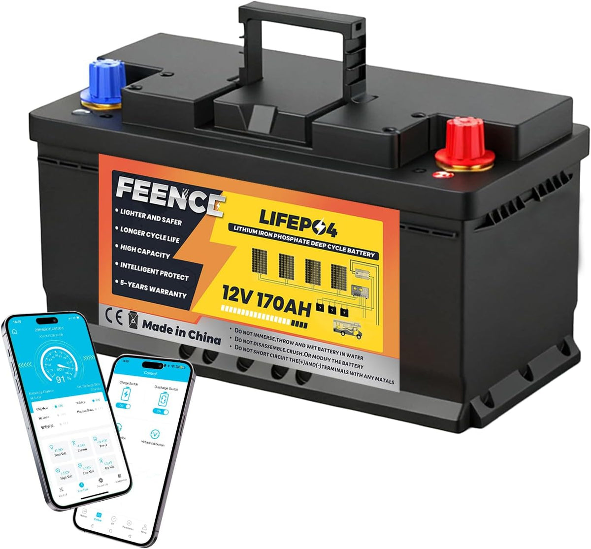 Deep-Cycle-Batterien, 352 mm, 12V, 2176Wh, FEENCE, LiFePO4 170Ah Bluetooth, 2176Wh Autobatterie für Wohnmobil