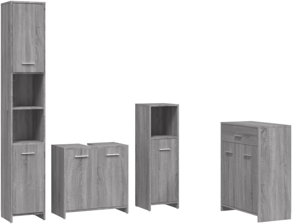 vidaXL Schrank, 60 × 33 × 80 cm, Holz, Stoff, Grau, vidaXL 4-TLG. Badmöbel-Set Grau Sonoma Holzwerkstoff