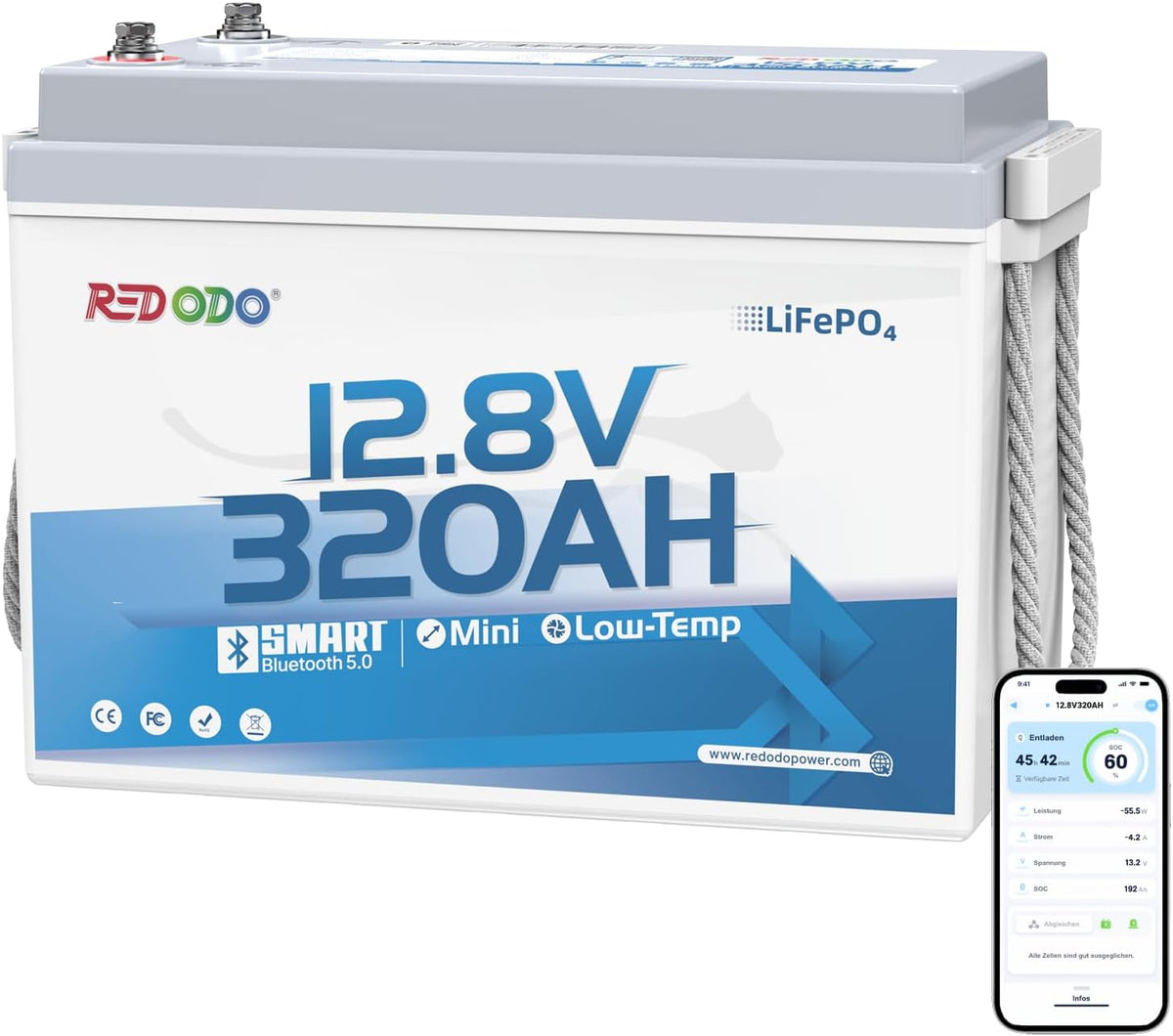 Deep-Cycle-Batterien B190, 189 mm, 12V, Redodo, Redodo 12V 320Ah B190 LiFePO4 Batterie mit Bluetooth, IP65