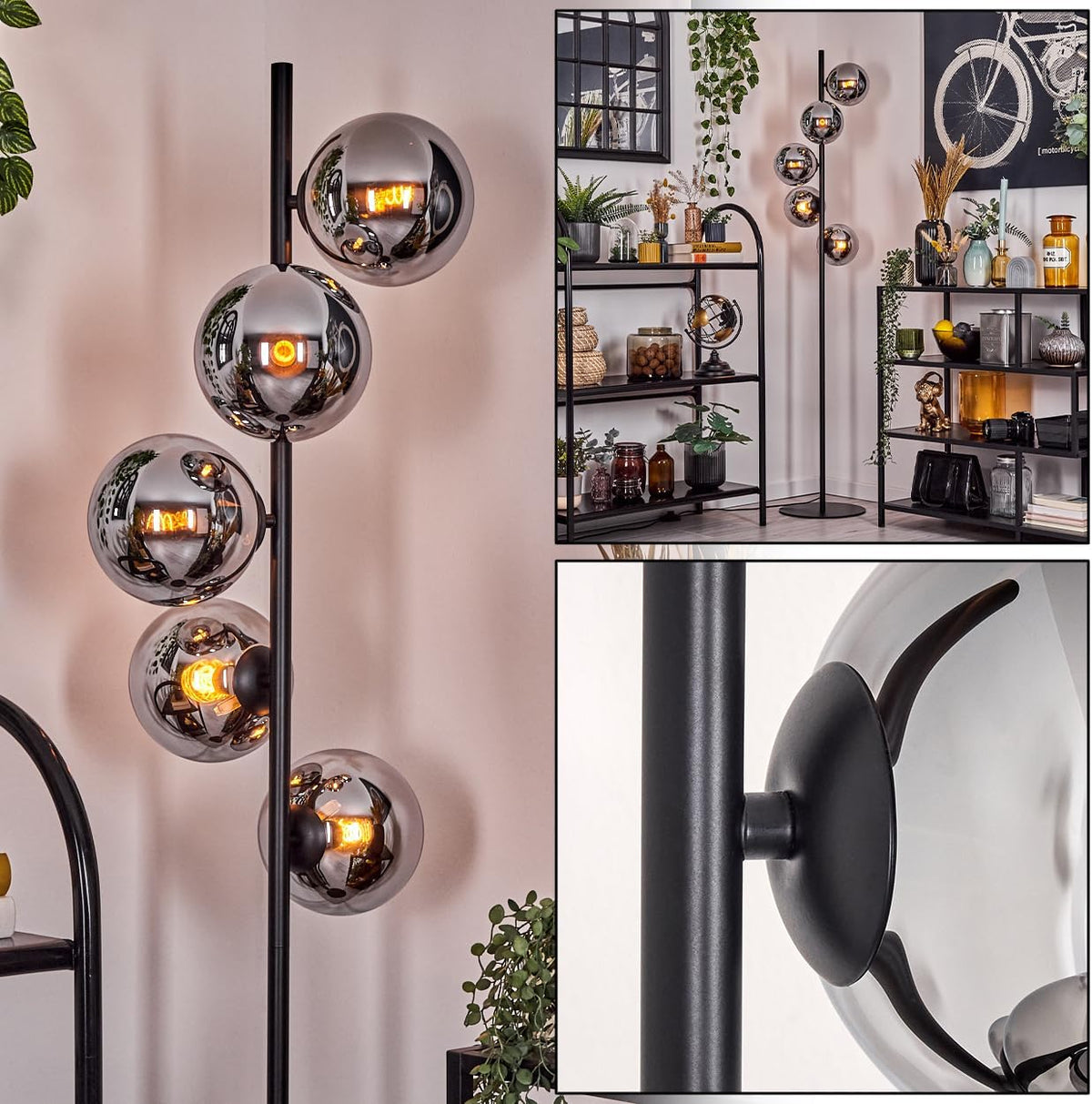 Standleuchten & Deckenfluter E14, 15 cm, Metall, Glas, Schwarz, für das Büro, HOFSTEIN, 160 cm