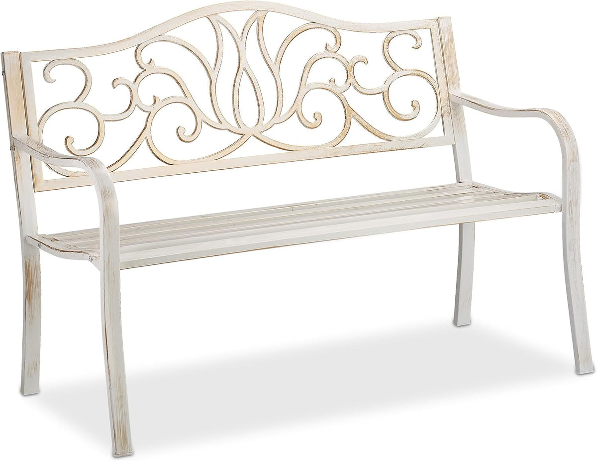 Bänke, 90 × 127,5 × 63 cm, Metall, Weiß, für den Garten, für die Terrasse, Relaxdays, Metallbank 90x127, 5x63 cm