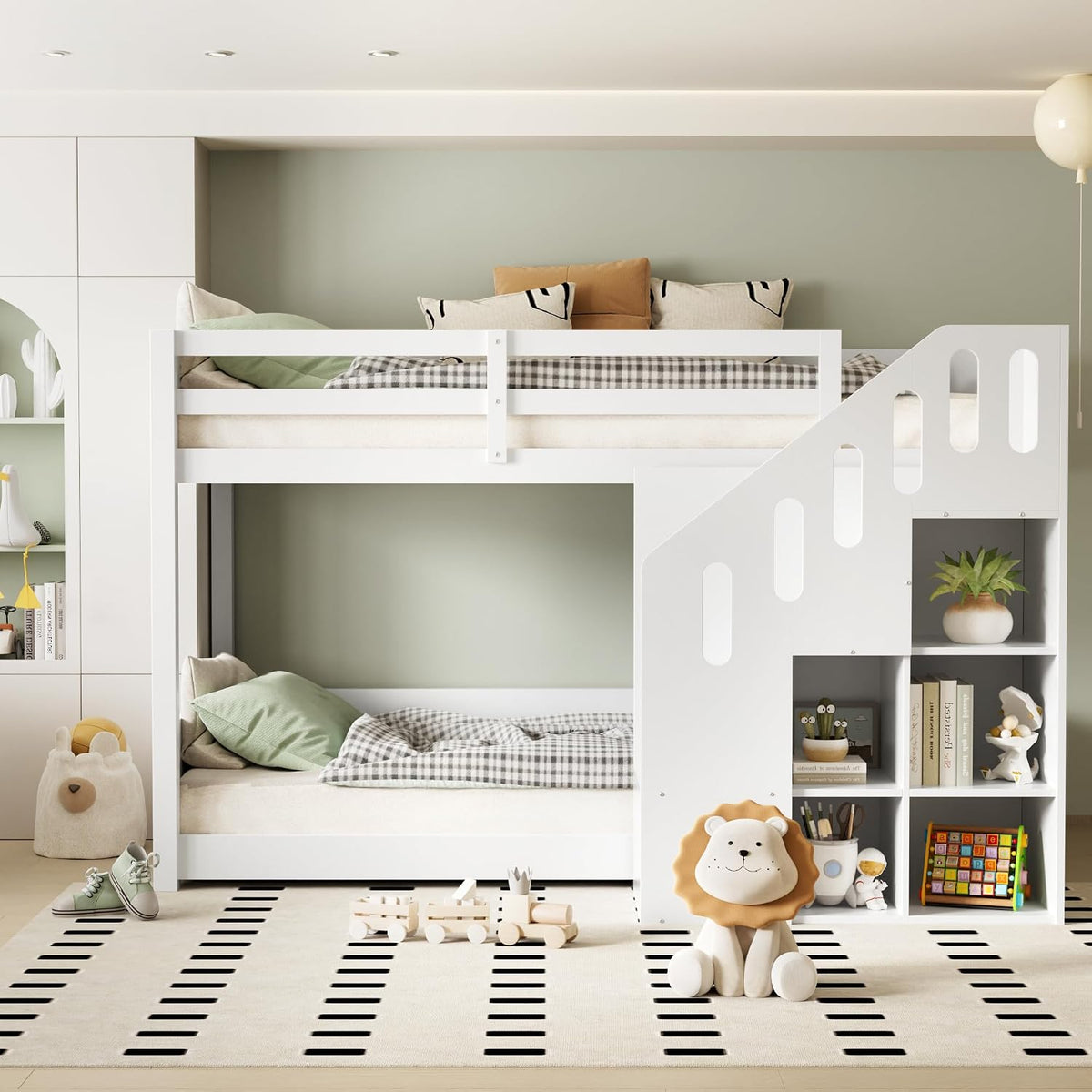 Bett, 90 × 200 cm, Weiß, Dolamaní, Dolamaní Etagenbett für 2 Kinder 90x200 cm, Hochbett mit Treppe, Kinderbett Mit & Schließfächern & Rausfallschutz
