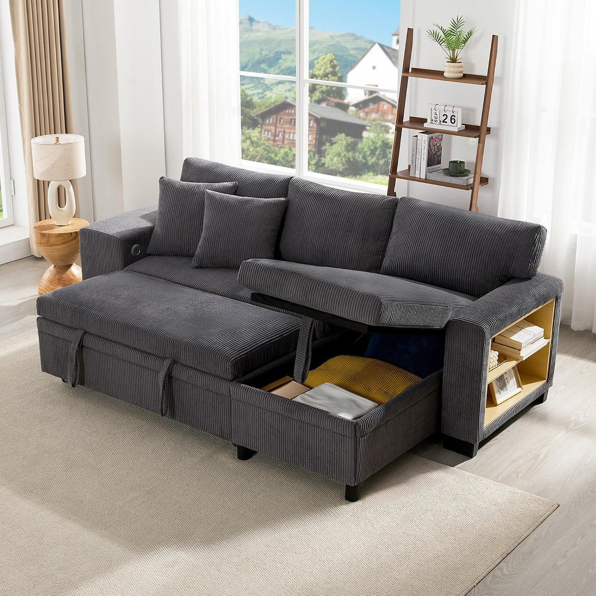 Sofa, 231 × 131,5 × 84 cm, DRIXNO, DRIXNO Klappsofa mit Schlaffunktion, L-förmiges umbaubares Ecksofa mit USB-Ladeanschluss und Kissen