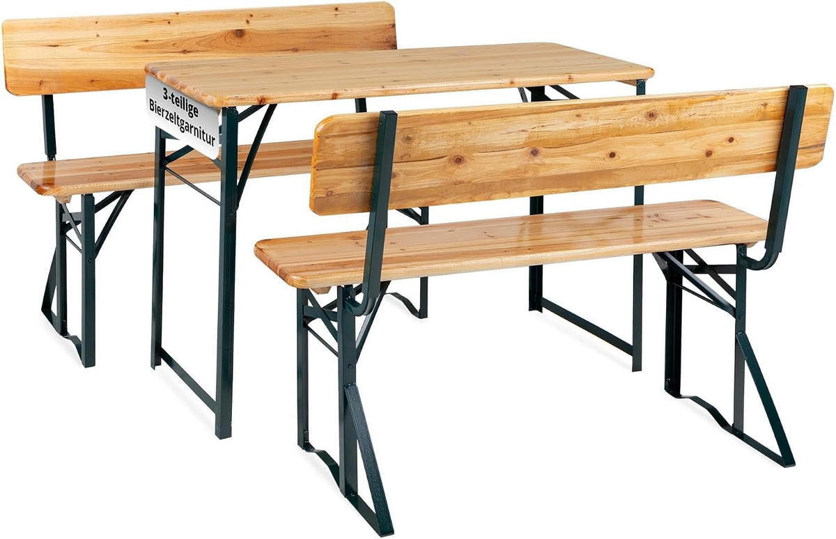 Tisch BBDL-119, 119 cm, klappbar, Holz, für den Garten, Stagecaptain, 2X Bank - Holz Sitzgarnitur - Innen & Außenbereich - Natur