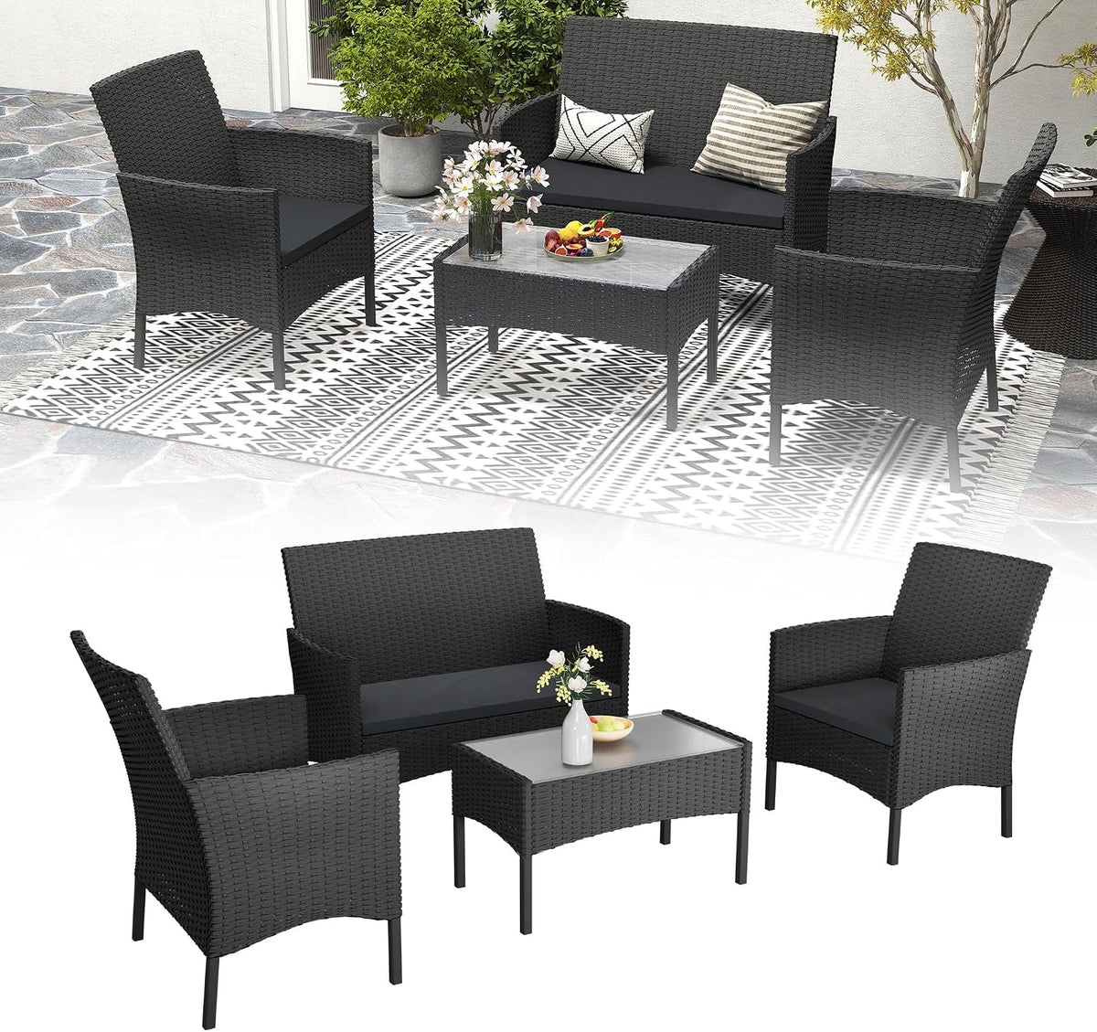 Sofa, Glas, Weiß, für den Garten, UISEBRT, Polyrattan Gartenmöbel mit Glastisch & Sofa für 4 Personen