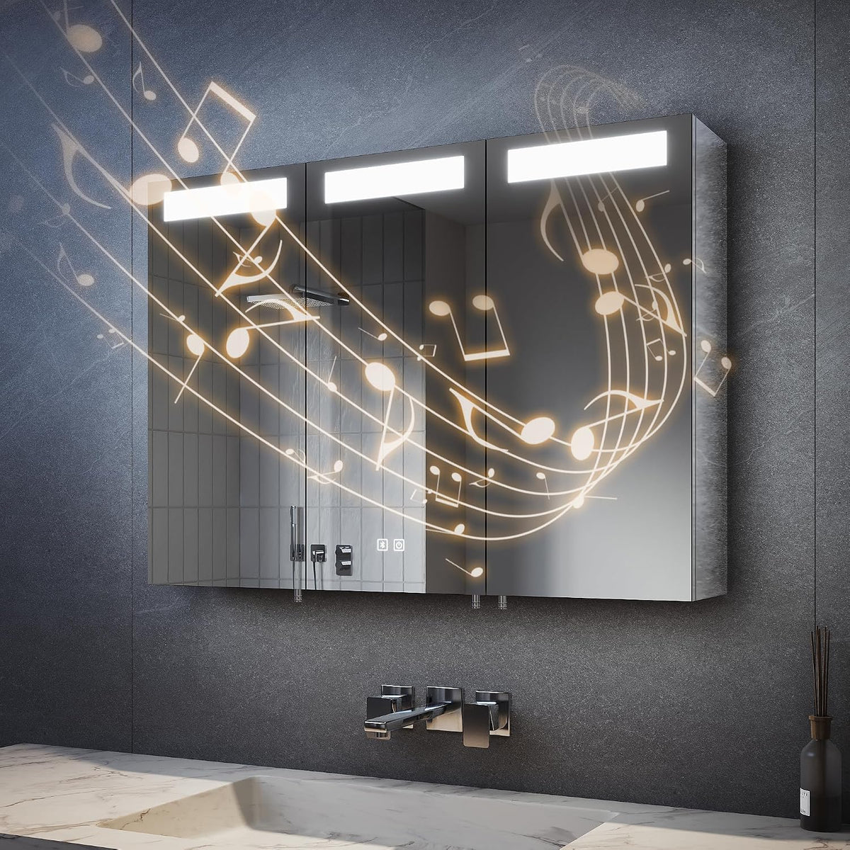 Schrank, 90 × 65 × 13cm, Silber, SVNR, SVNR Spiegelschrank Bad mit Beleuchtung 90x65x13cm 3 Türen Silber
