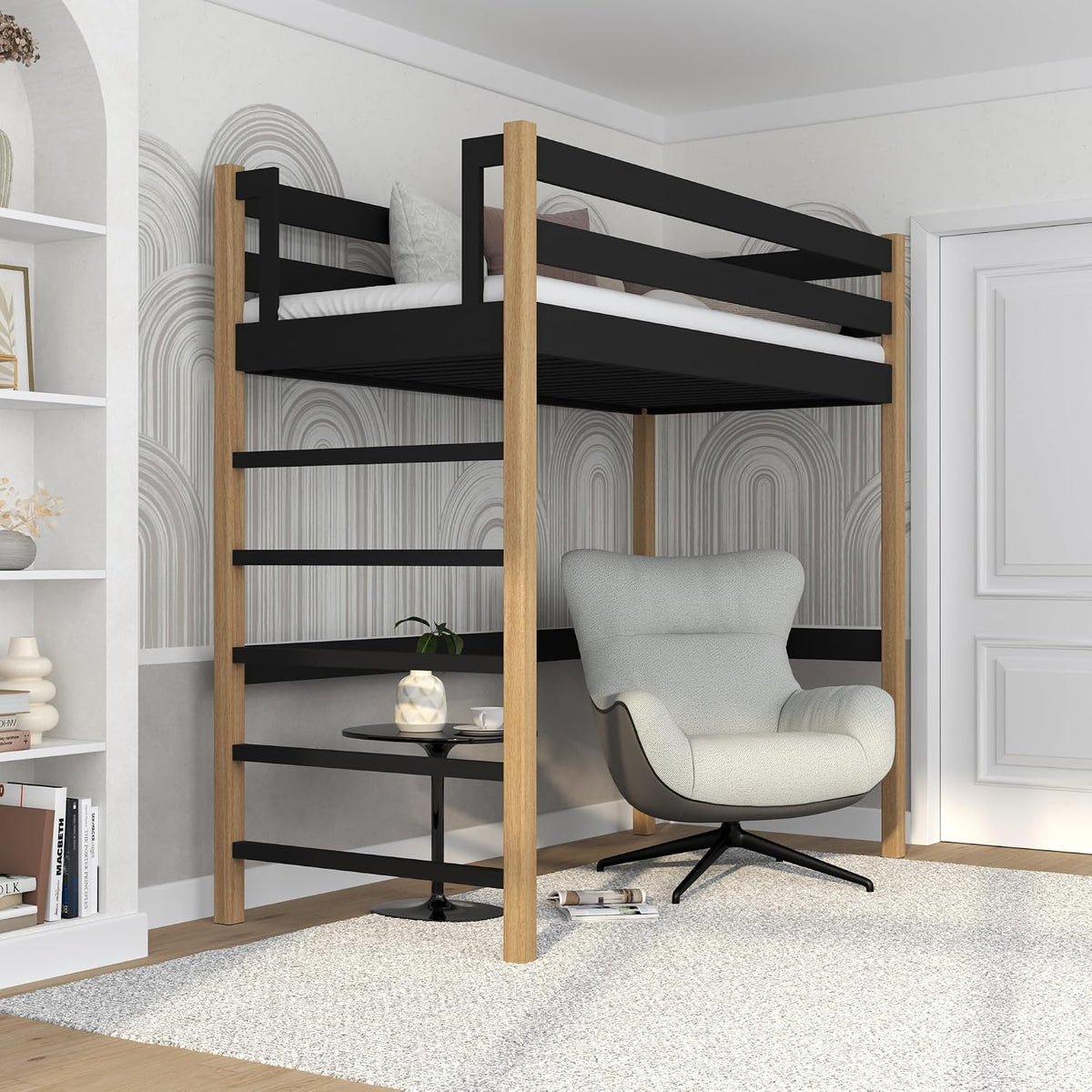 Bett N01, 120 × 200 cm, Massivholz, Schwarz, N-wood, N01 Hochbett, Etagenbett 120x200 cm, 2 Leitermontageseiten: Links oder rechts