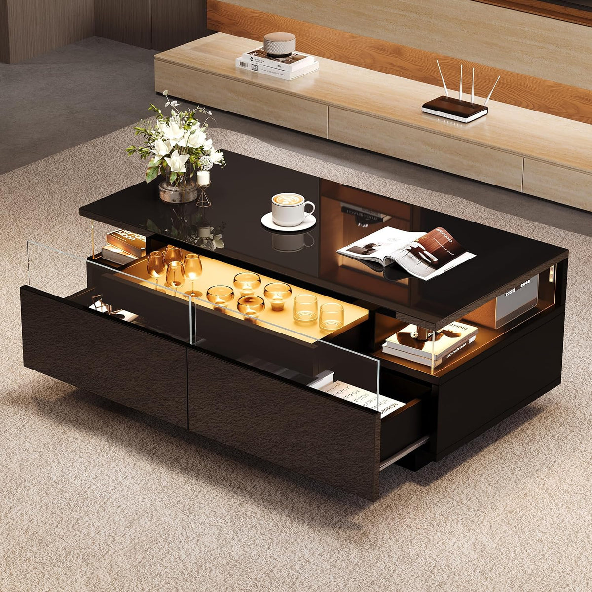 Sofa, 90 × 45 × 35.5 cm, mit LED-Beleuchtung, mit Schubladen, 2 Kammern, Glas, Schwarz, für das Wohnzimmer, BTM