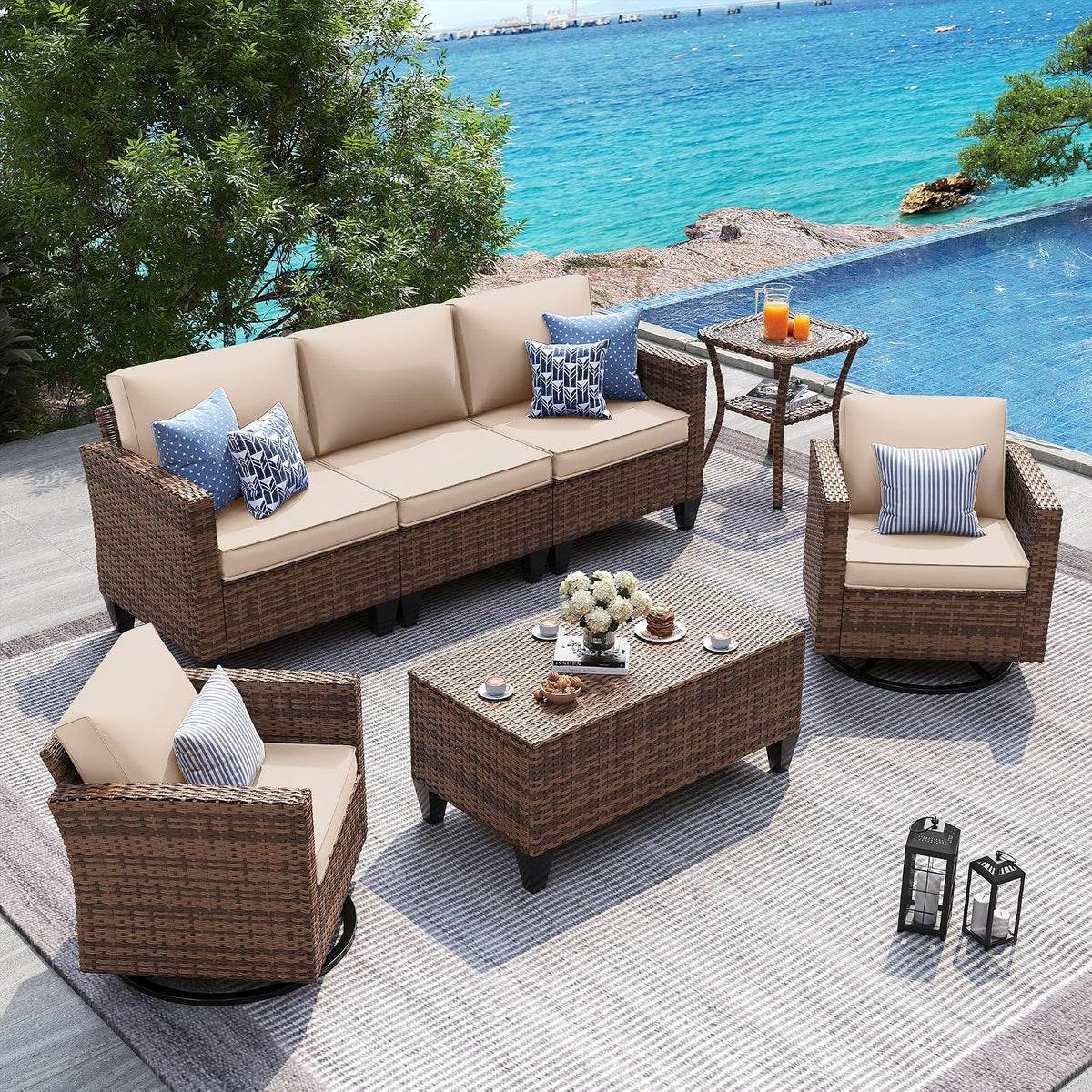 Sofa, UDPATIO, 5 Pieces Outdoor Conversation Sets with Rocking Swivel Chairs