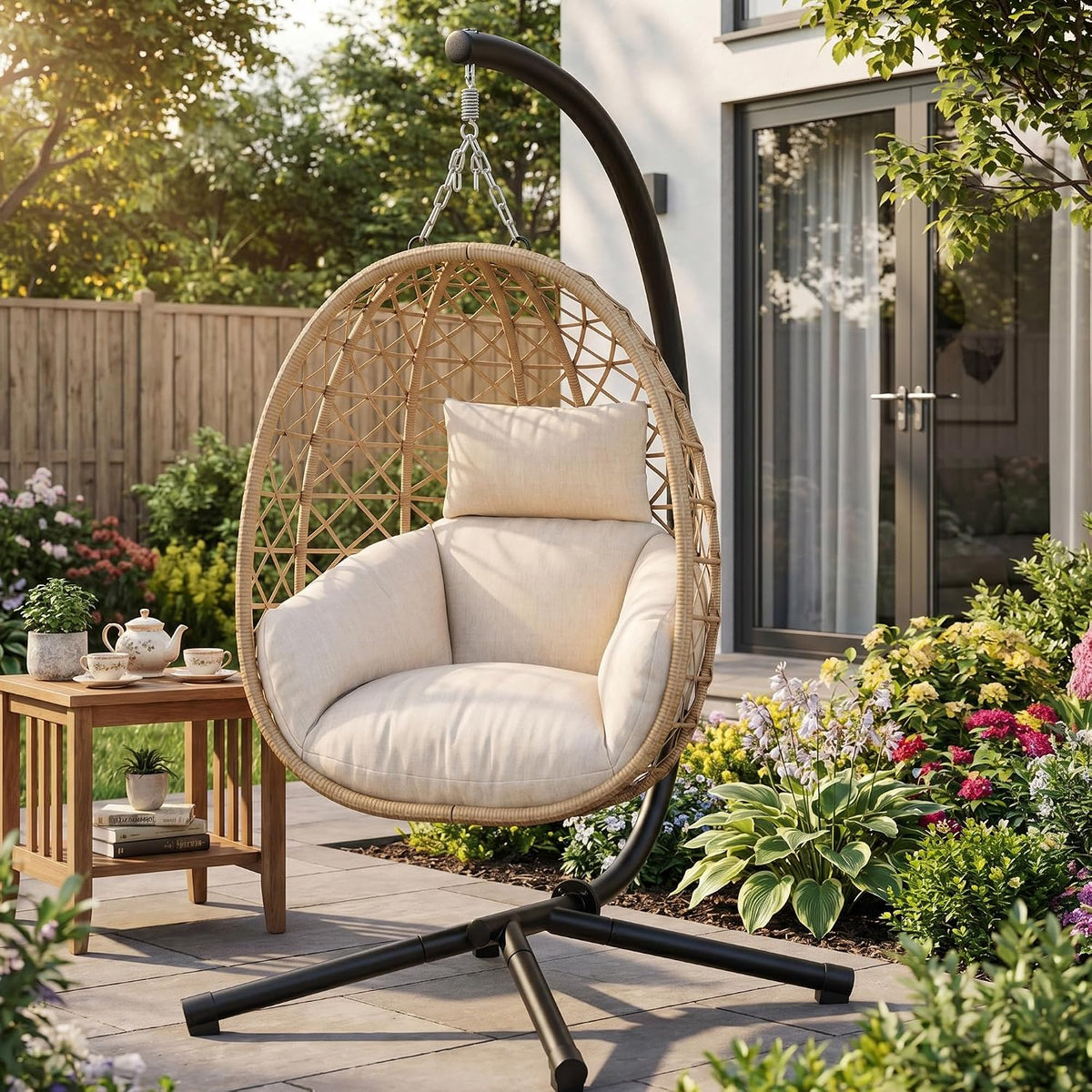 Hängesessel, 18cm, 160kg, Beige, für den Garten, UDPATIO, Hängestuhl bis 160kg, Relaxschaukel mit 18cm Dicke Kissen