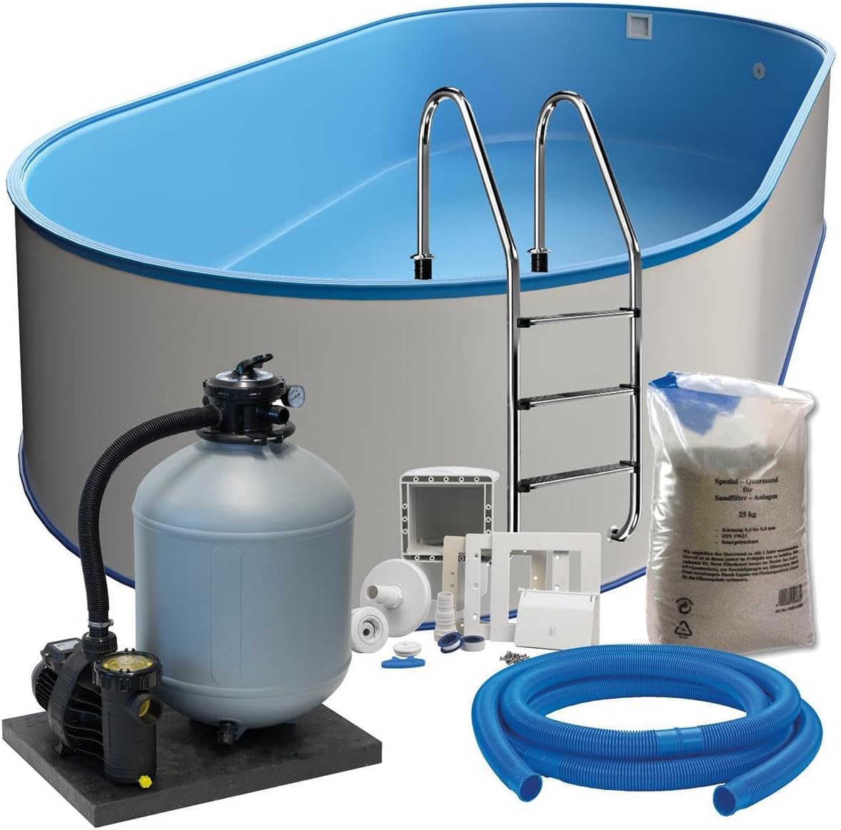Pool SF152, 8,00 × 4,20 × 1,20 m, Stahl, POWERHAUS24, Stahlwand Ovalpool-Set (L x B x T) 8, 00 m x 4, 20 m x 1, mit Edehlstahlleiter für Tiefbecken