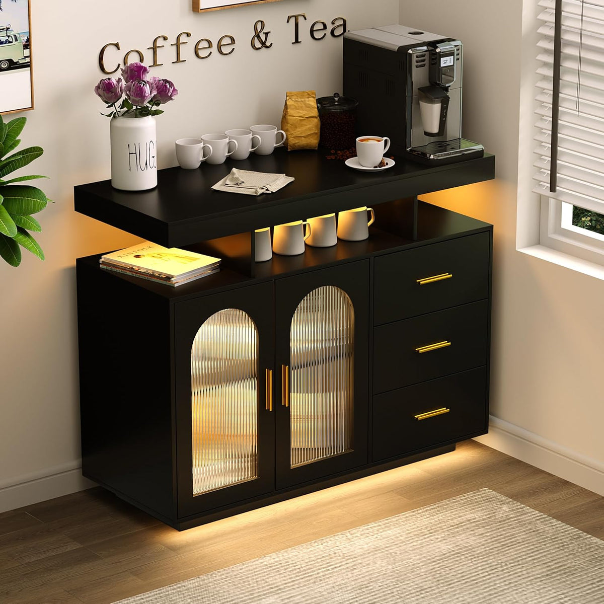 Schrank, 100cm, Schwarz, für die Küche, FREDEES, FREDEES Küchenschrank mit RGB-Licht & Ladefunktion