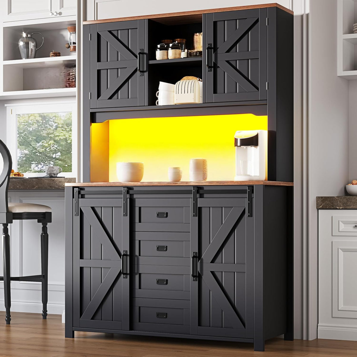 Schrank, 174.7 cm, mit LED-Beleuchtung, mit Schubladen, mit Ablagen, 2 Kammern, Schwarz, für die Küche, Gxffipw
