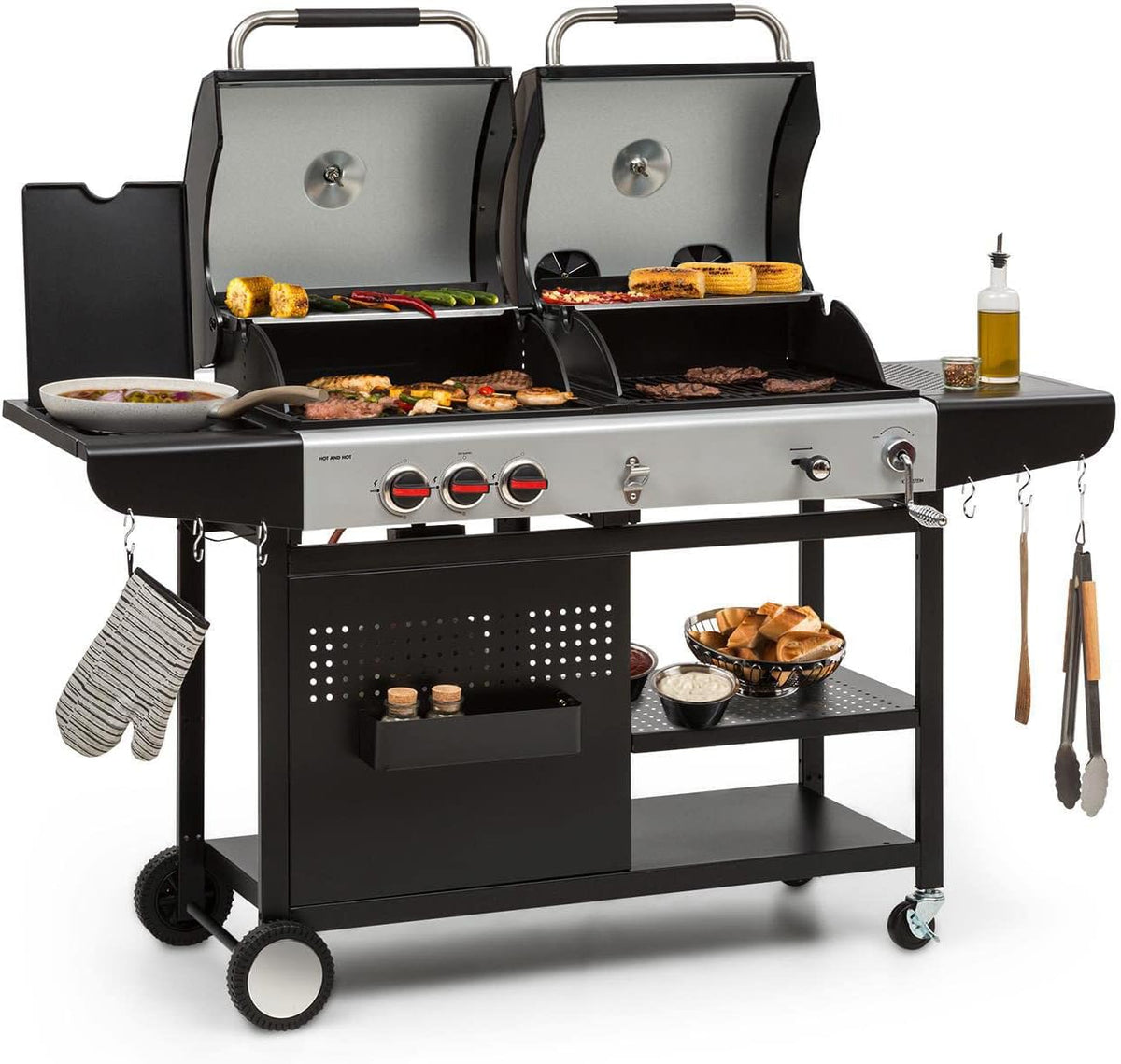 Klarstein Grill, 44 × 41 cm, 8,5 kW, 11 kg, Edelstahl, Klarstein Hot & Hot Kombigrill - 2in1-System: Gas-/Kohlegrill, 3 Edelstahlbrenner, Leistung: 8