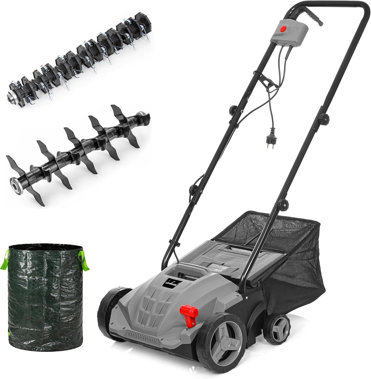 Vertikutierer, 32 cm, 1500 W, 30 L, Grau, LEHMANN, Arbeitsbreite 32 cm, 4-stufige Arbeitstiefeneinstellung, Rasenvertikutierer mit 30 L Fangkorb