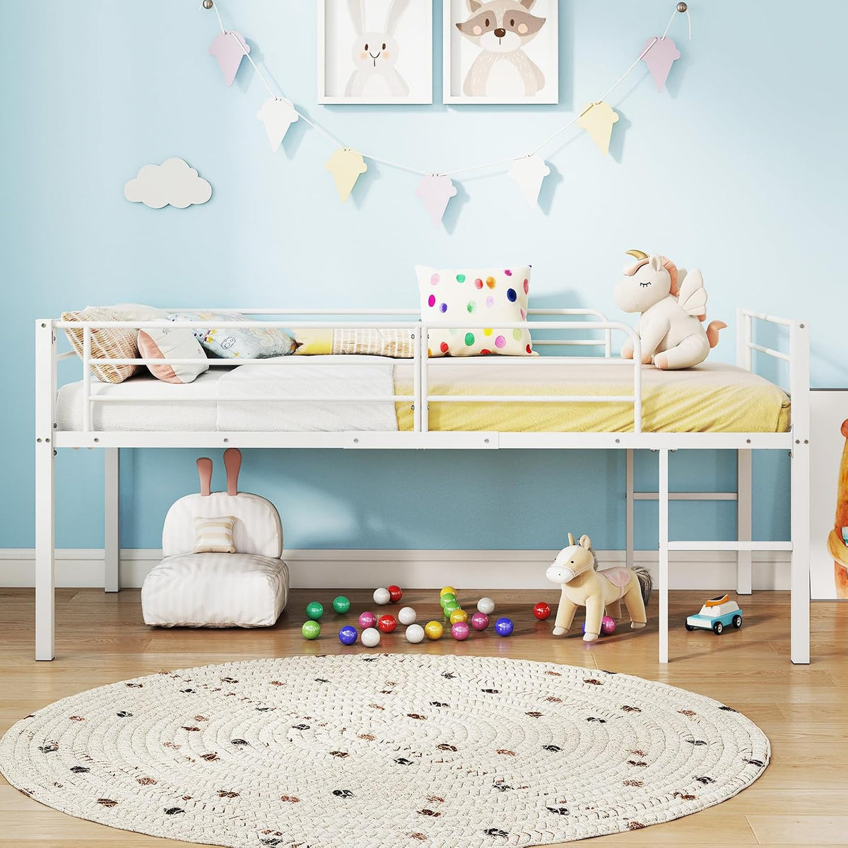 COSTWAY Bett, 90 × 200 cm, Weiß, COSTWAY Hochbett 90x200 cm, Kinderbett mit Sicherheitsgeländern & 2 Leitern, Bettrahmen für Jungen & Mädchen (Weiß)