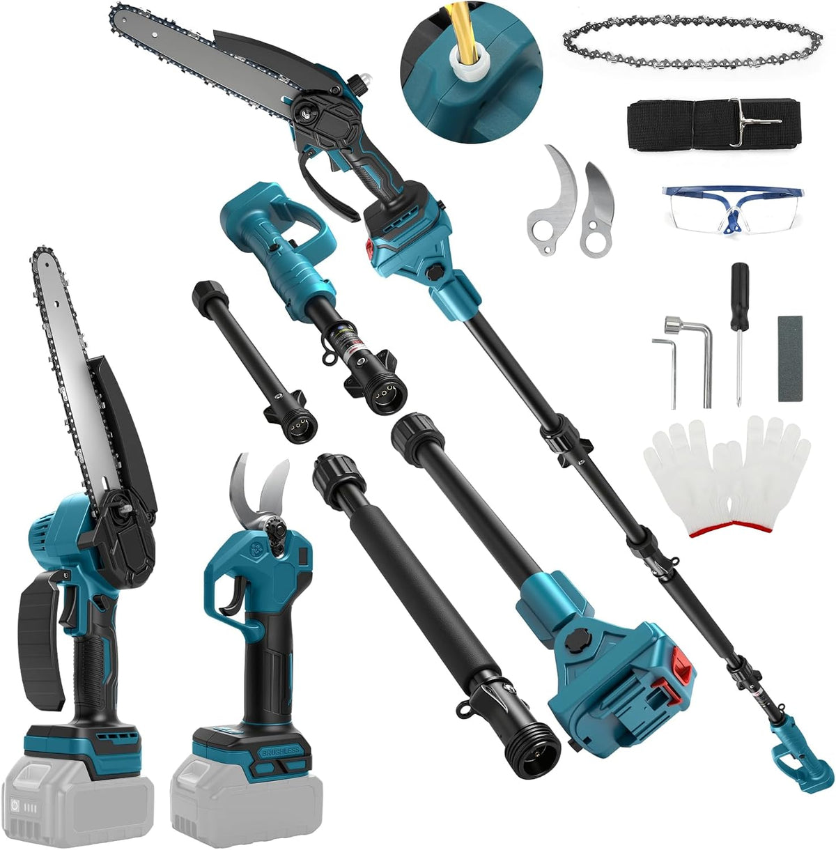 Kettensägen, 28 mm, 8 Zoll, für den Garten, HEBERUCK, 4-in-1 Gartenwerkzeug Set Kompatibel mit Makita Batterie