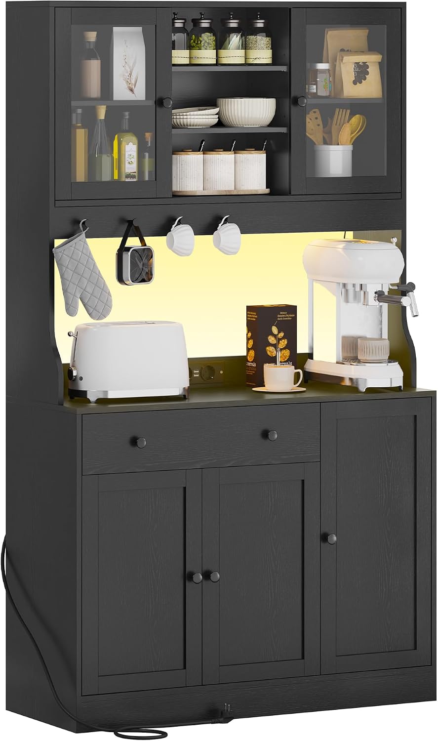 Schrank, 180 cm, mit LED-Beleuchtung, verstellbar, mit Schubladen, mit Ablagen, Schwarz, für die Küche, für das Wohnzimmer, KIMENICH