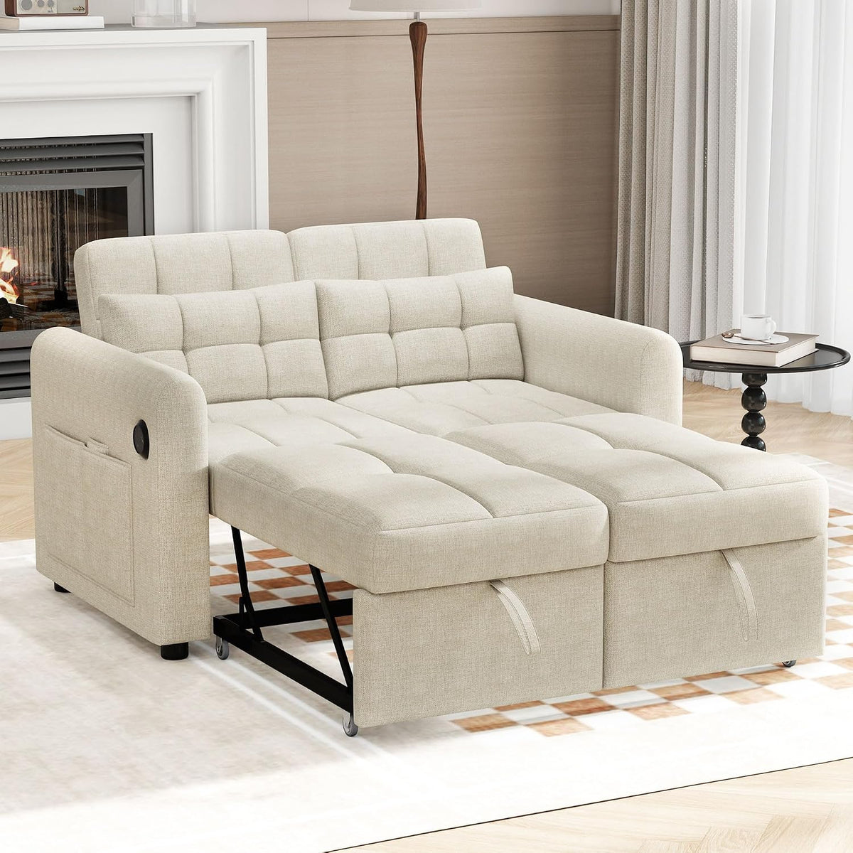 Sofa, verstellbar, Beige, für das Schlafzimmer, DRIXNO, 3-in-1-Ausziehsofa mit Verstellbarer Rückenlehne