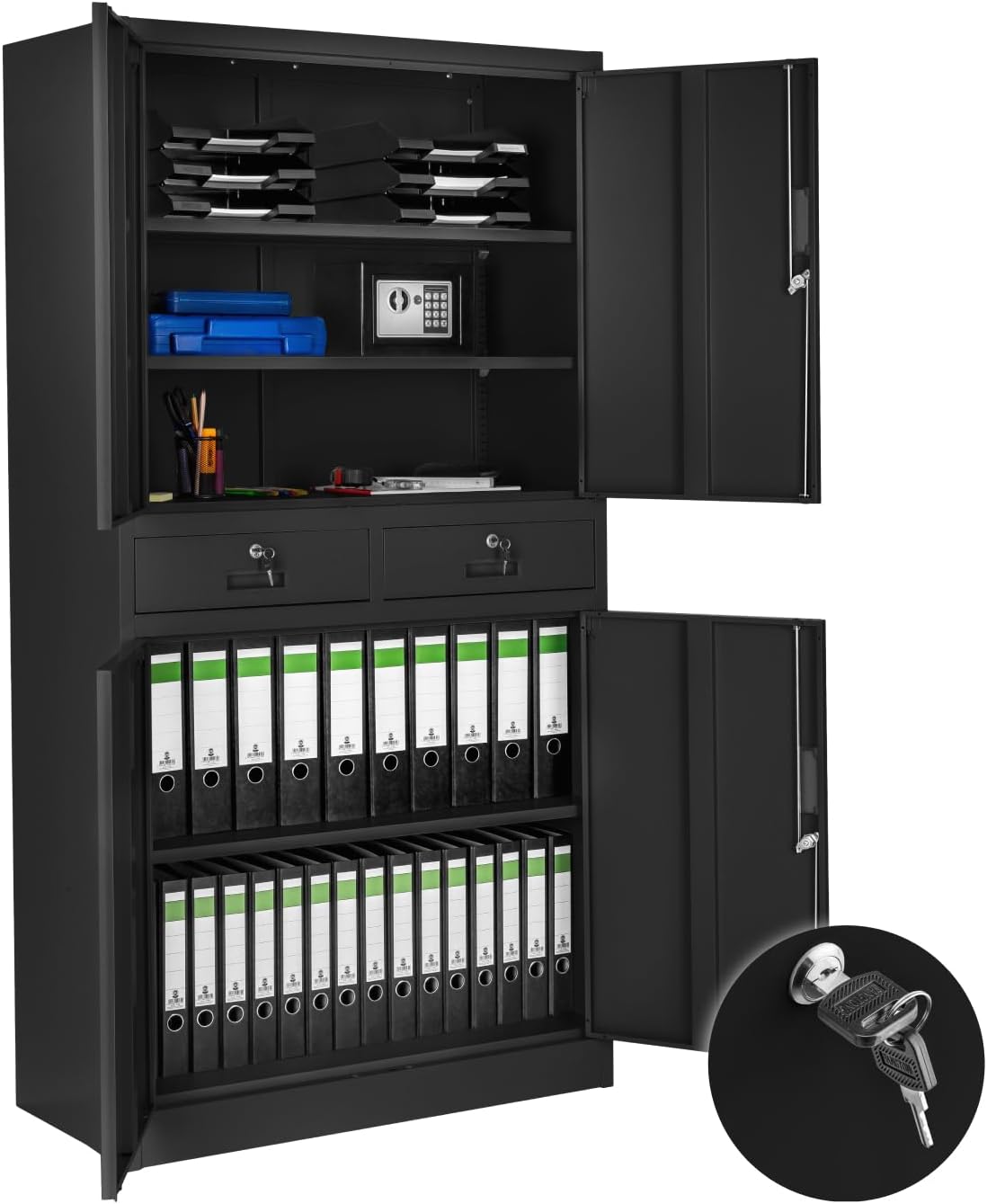 Schrank, 180 × 80 × 40cm, mit Schubladen, 2 Kammern, Stahl, Schwarz, für das Büro, tectake, 2 Schrankabteilen, 2 Schubladen, 180x80x40cm - schwarz