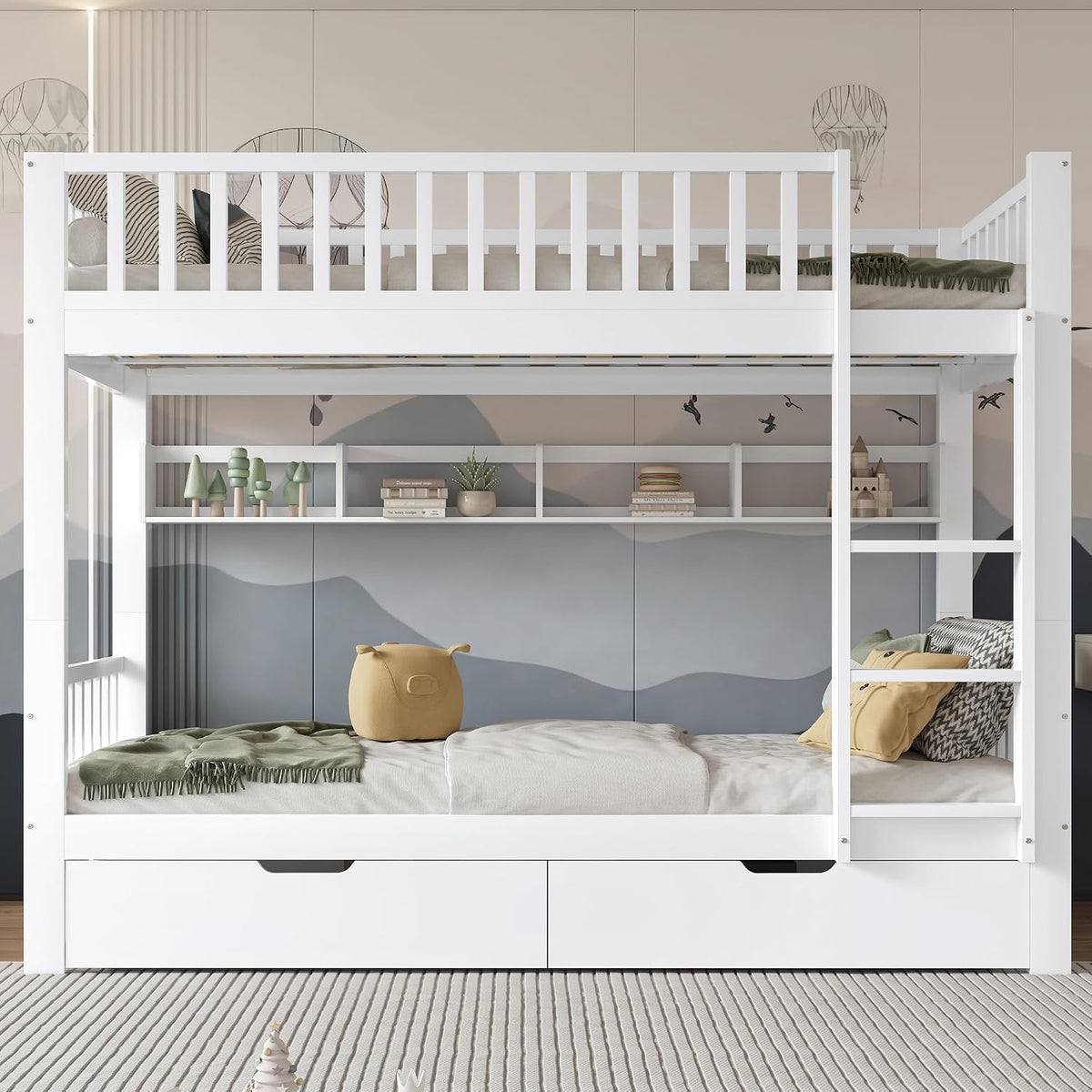 Matratze, 90 × 200 cm, mit Schubladen, 2 Kammern, Holz, Weiß, KUAKE, Kinderbett Etagenbett 90x200 cm für 2 Kinder, 2 Einzelbett