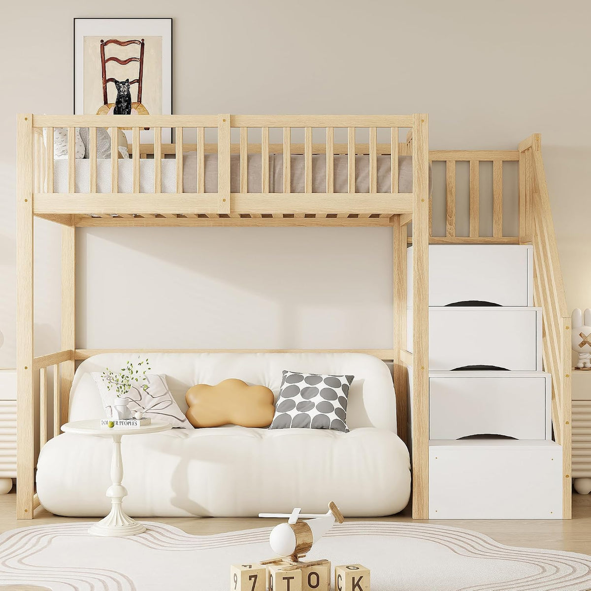 Bett, 90 × 200cm, Holz, Weiß, Moimhear, Moimhear Hochbett 90x200cm mit Sicherheits-Aufbewahrungsleiter