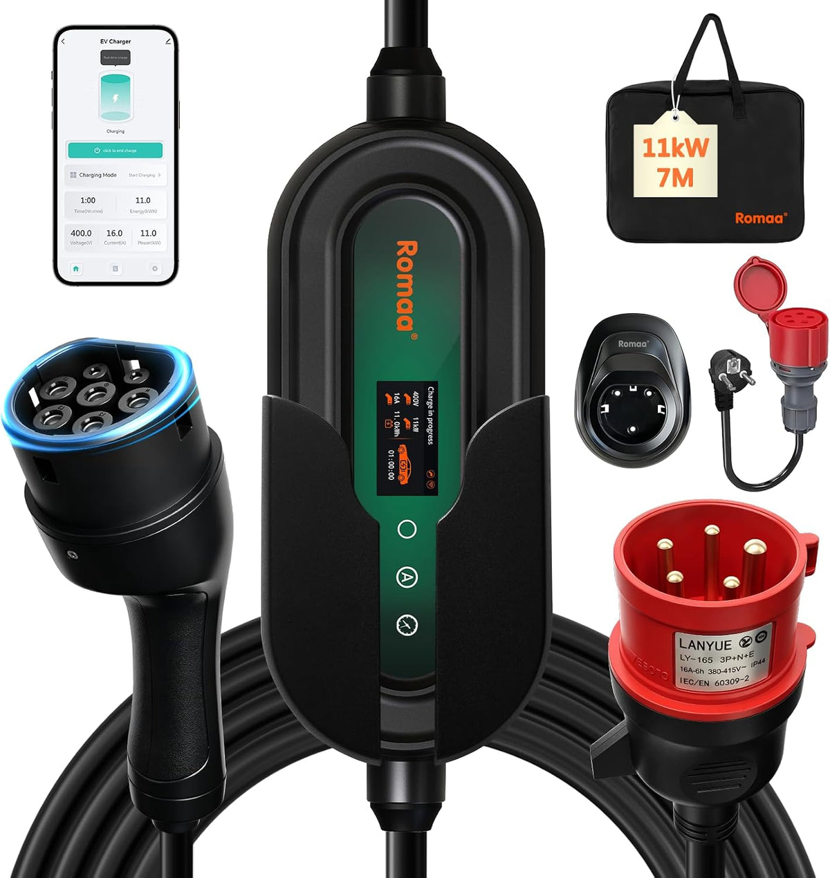 Ladestationen, 11kW, Romaa, Romaa Mobile Wallbox 11kW mit App, 9' LCD Ladegerät mit FI Schutzschalter