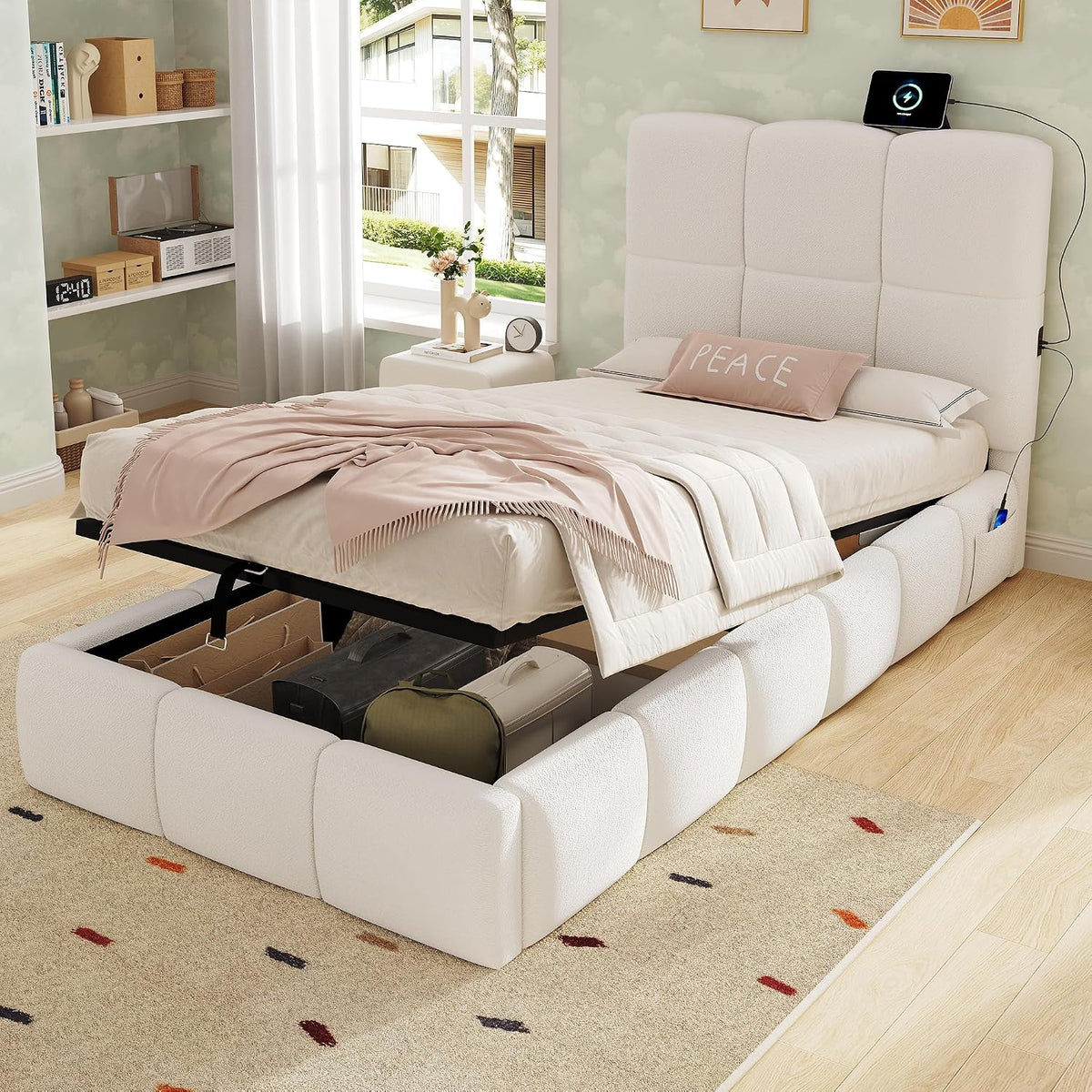 Matratze, 90 × 200cm, Beige, Merax, Merax Kinderbett Polsterbett 90x200cm hydraulisches Funktionsbett, mit Lattenrost