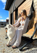 Hängesessel, Stahl, Beige, Izabell, Izabell Hängesessel mit Stahlgestell und Großen Kissen, XXL Schaukelstuhl und Hängematte für Indoor & Outdoor