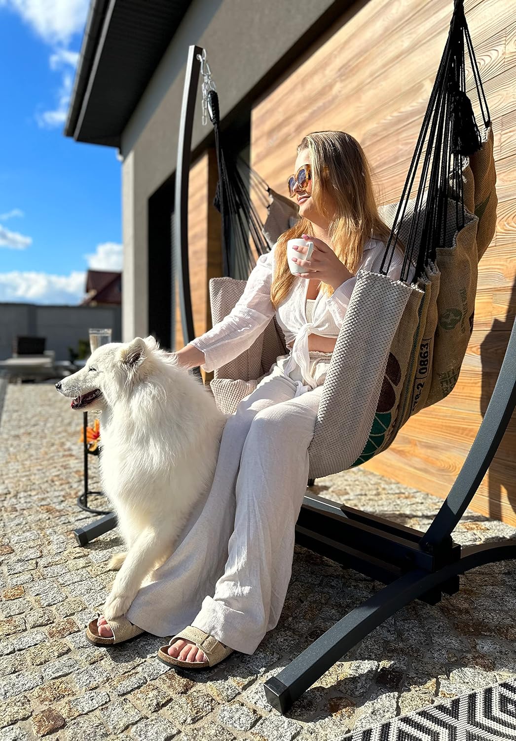 Hängesessel, Stahl, Beige, Izabell, Izabell Hängesessel mit Stahlgestell und Großen Kissen, XXL Schaukelstuhl und Hängematte für Indoor & Outdoor