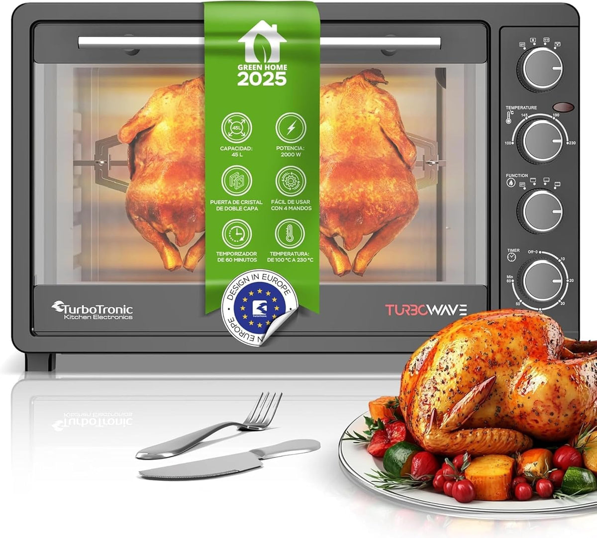 Pizzaofen, 45L, 2000W, Schwarz, TurboTronic By Z-LINE, 2 Backbleche