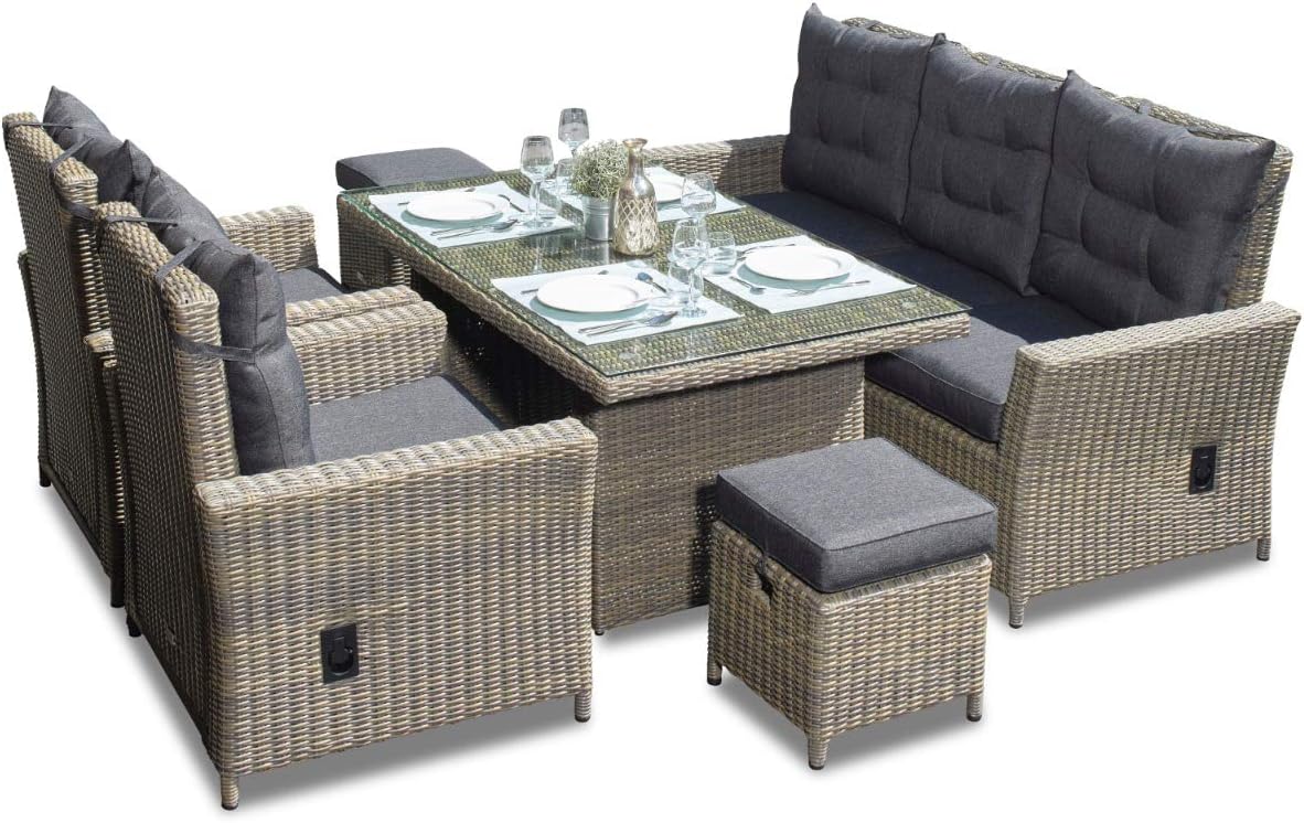 Braun Sofa, 186 × 70 × 93cm, für den Garten, für 7 Personen, Gartenmöbel-Set mit Sofa, 2 Sessel, 2 Hocker - Dining-Lounge