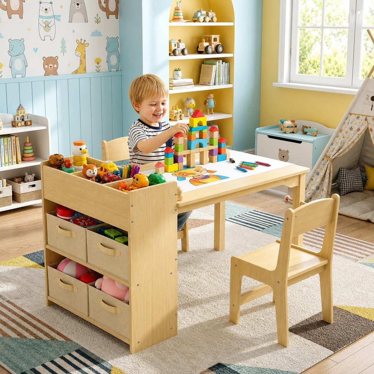 Tisch, 56 × 80 cm, MAMIZO, MAMIZO Kindertisch mit 2 PCS Stühlen, Spieltisch mit Stauraum für Kinder ab 3 Jahren (Gelb)