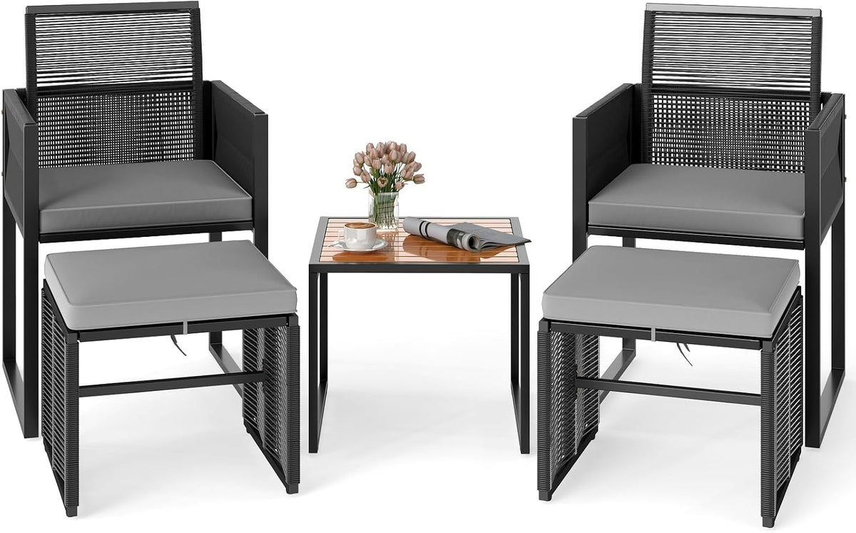 COSTWAY Tisch, klappbar, für den Garten, für die Terrasse, COSTWAY 5tlg. Rattan Gartenmöbel Set, Balkonset inkl. 2 Stühle mit Kissen