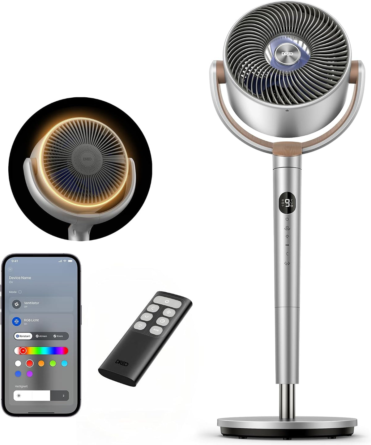 Standventilatoren, 20dB, mit Fernbedienung, Silber, für das Schlafzimmer, DREO, DREO Smart Standventilator mit RGB Light, 8H Timer