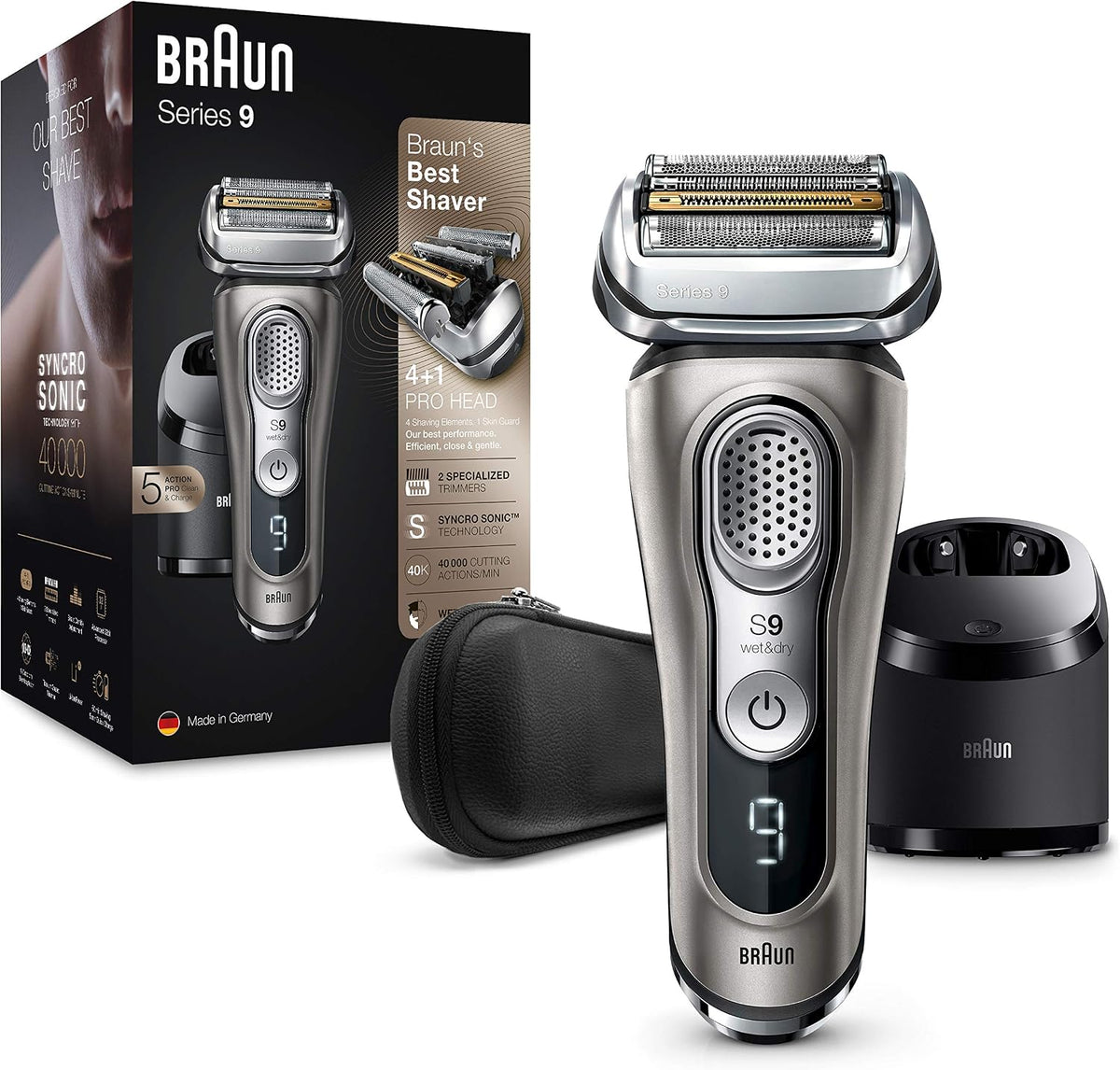 Braun Rotationsrasierer, kabellos, Braun Series 9 Premium Rasierer Herren mit 4+1 Scherkopf, Li-Ionen-Akku für 60 Min. Laufzeit, 9385cc