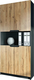 Schrank, 82 × 184 × 37 cm, Schwarz, für das Büro, Vladon, Vladon Büroschrank Logan V2, Aktenschrank mit 5 Fächern und 4 Türen